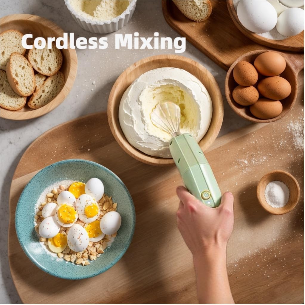 Cordless Hand Mixer, Foldable Design Handheld Electric Whisk with 3 Speed Modes, Hand Held Egg Beater with 2 Detachable Stir Whisks (Green)