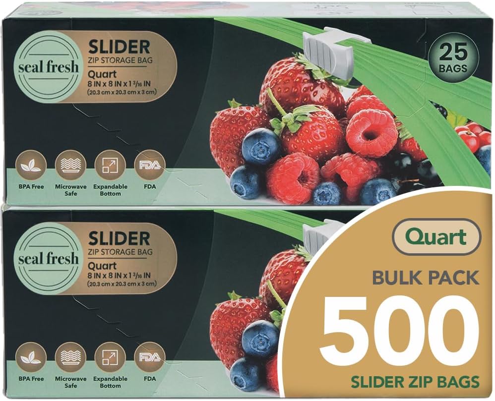 Quart Slider Storage Bags 500 Pack — Reusable Freezer Bags with Expandable Bottom, BPA Free, Microwave Safe, Clear Quart Food Storage Bags