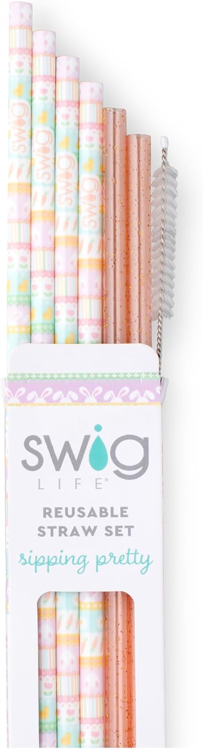 Swig Life Reusable Straws Bunny Trail + Peach Glitter Tall Straw Set & Cleaning Brush, Each Straw is 10.25 inch Long (Fits Swig Life 20oz Tumblers, 22oz, and 32oz Tumblers)