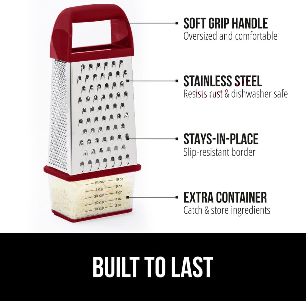 GORILLA GRIP 4-Sided 100% BPA-Free Cheese Grater With Container, Stainless Steel XL Box Graters, Parmesan Shredder, Grate Cheeses, Shred Veggies, Slip Resistant Handle, Dishwasher Safe Zester, Red