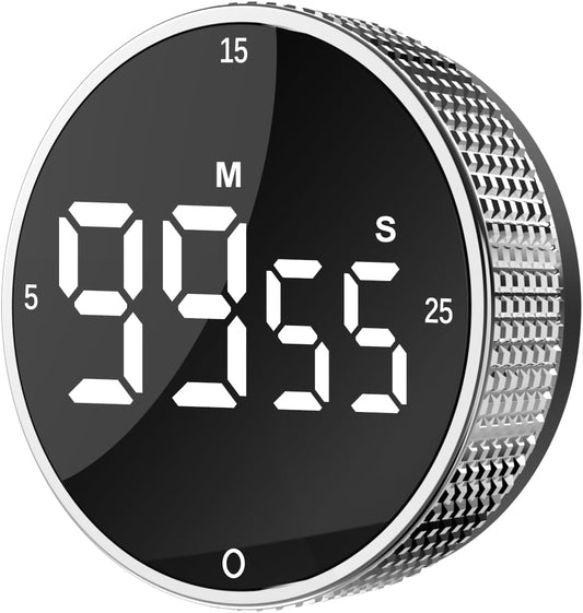 Upgrade Digital Kitchen Timer - Magnetic Countdown Countup Visual Pomodoro Timer with Large LED Display, 3-Preset Times (5, 15, 25), 3 Volume Levels, Ideal for Cooking, Baking and Fitness (1, Silver)
