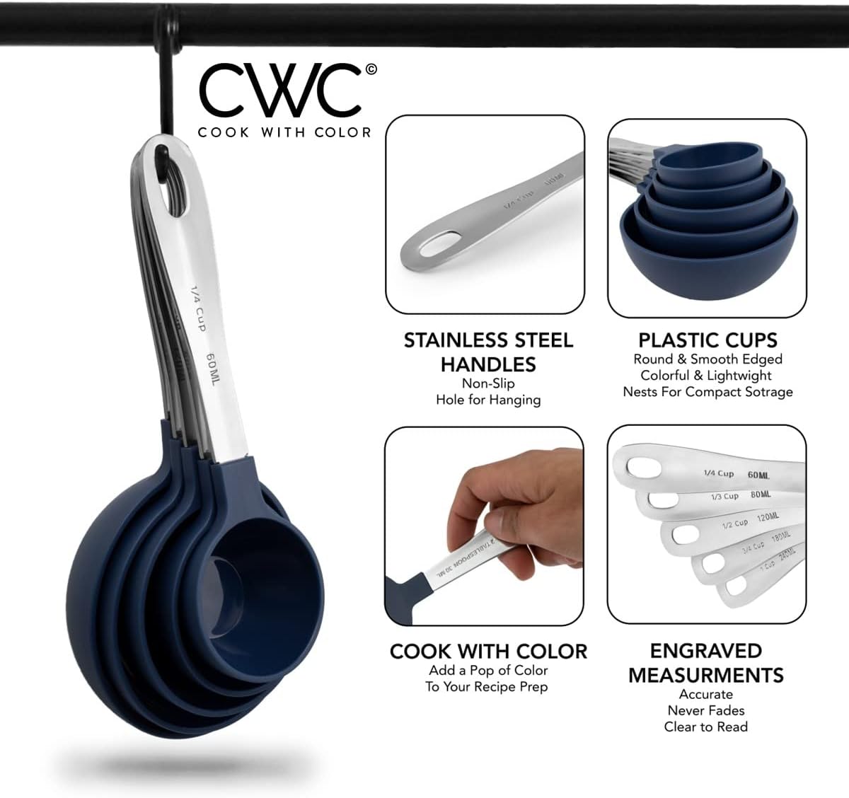 COOK WITH COLOR Measuring Cups Set and Measuring Spoon Set, Stainless Steel Handles, Nesting Kitchen Measuring Set, Liquid Measuring Cup Set, 12 PC Stainless Steel, Navy