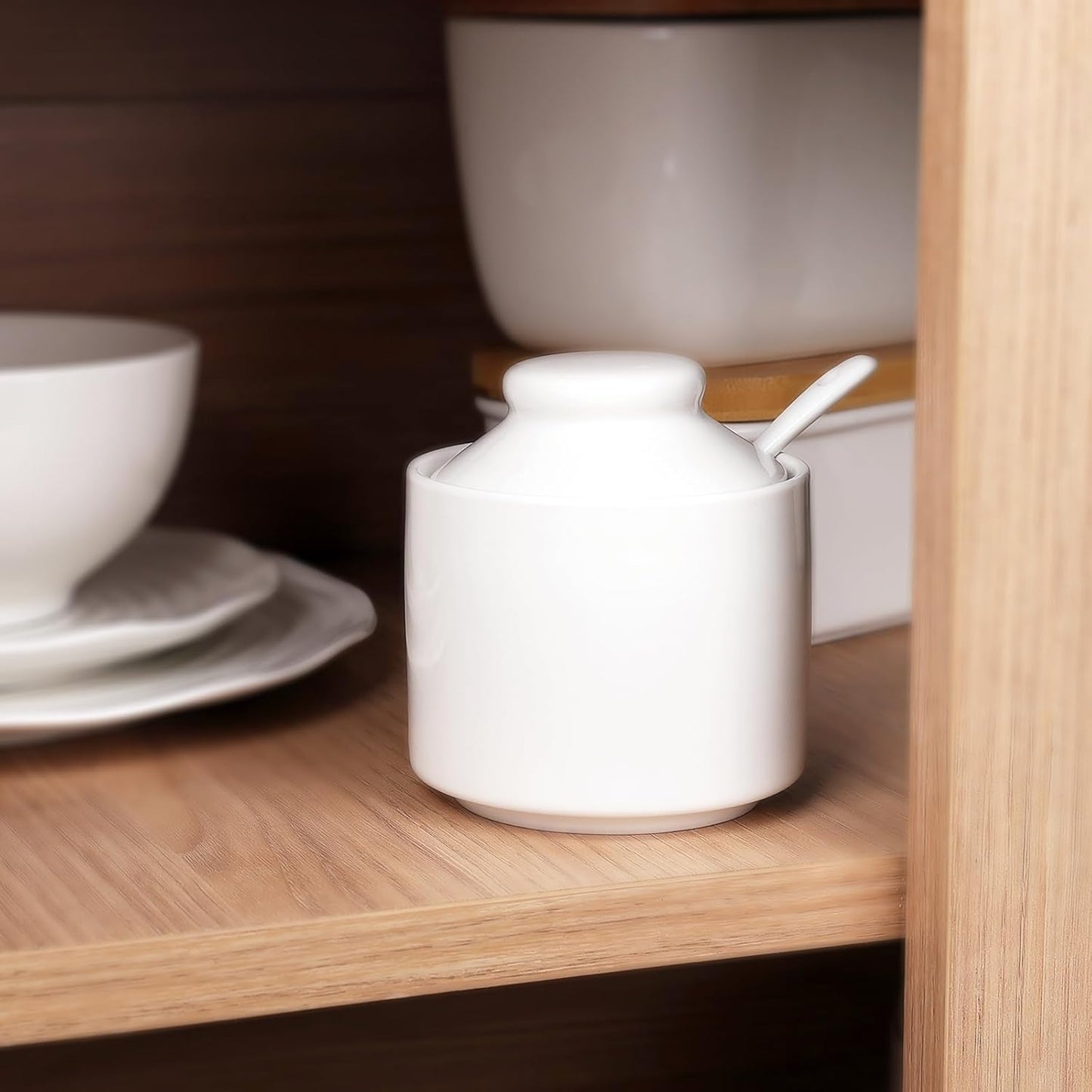 HAOTOP 8 oz Sugar Bowl with Lid and Spoon,Ceramic Sugar Jar Sugar Dispenser Sugar Container Coffee Bar Accessories, Kitchen Countertop Canisters (White)