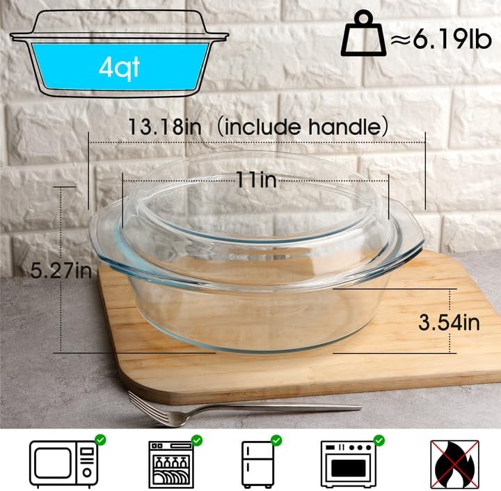NUTRIUPS 4QT Round Glass Casserole Dish with Lid 11inch Large Glass Microwave Bowls with Lid