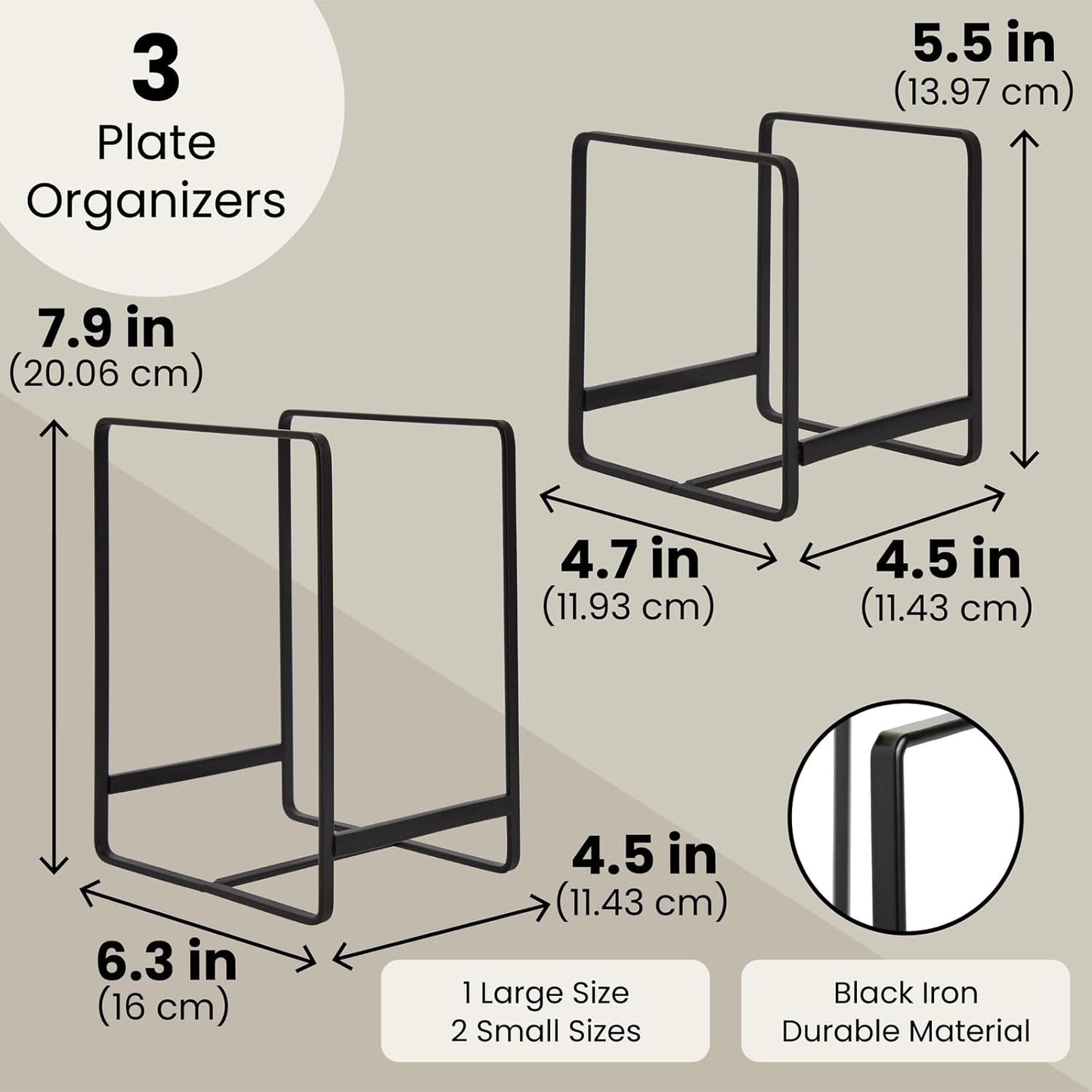 Juvale 3-Piece Kitchen Cabinet Organizer Shelf - Black Iron, 2 Sizes for 8" & 10" Plates - Cutting Board Organizer, Pot Lid & Paper Plate Holder