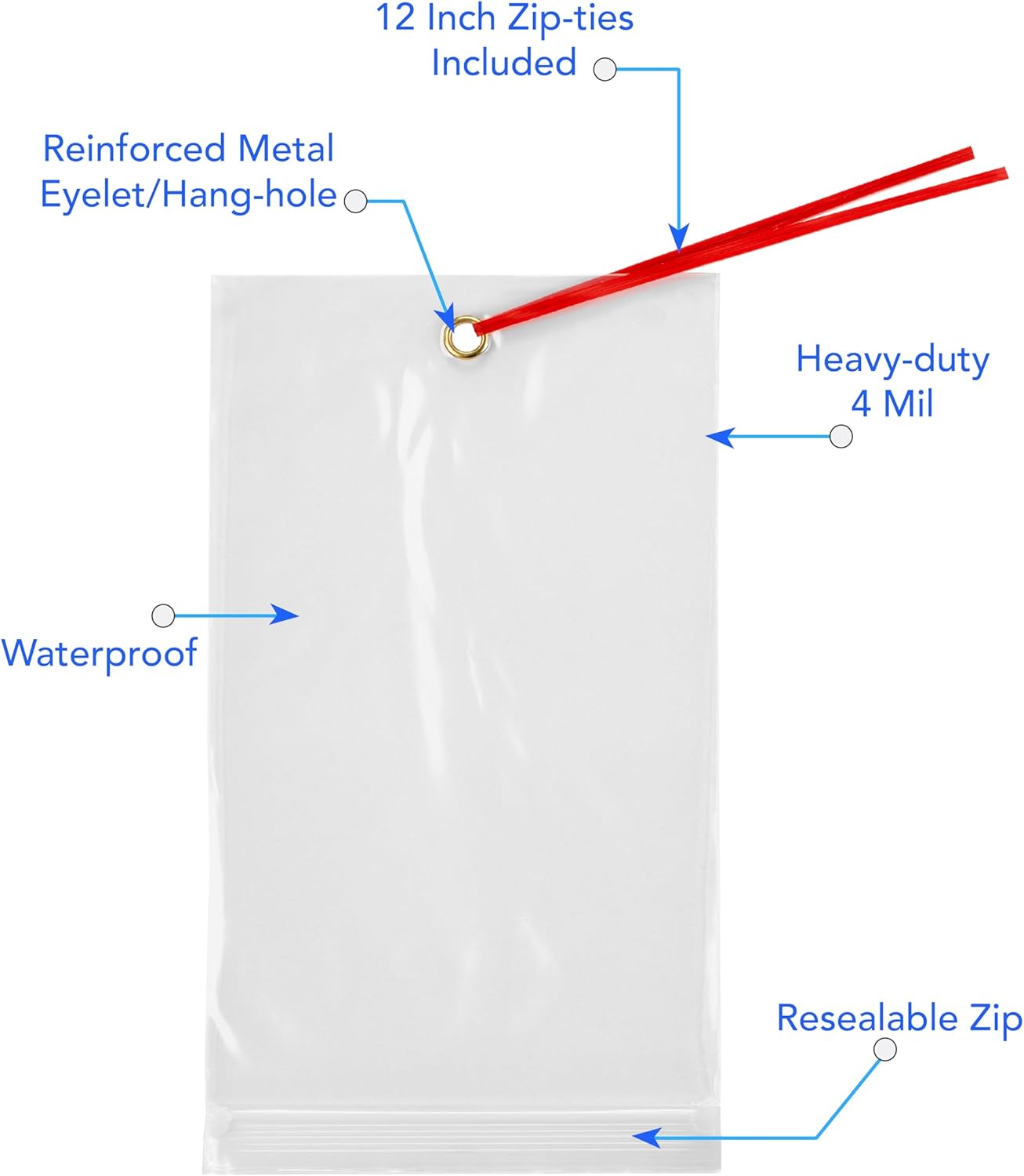 GPI - 5.5" x 9" Reclosable Zip Bags with Bottom Hang-hole & Pre-inserted 12" Twist-tie. 4 Mil Heavy-duty Resealable Zipper Baggy with Grommet/Metal Eyelet for Hanging (Insert Size 5x7.5) 1000 Pack