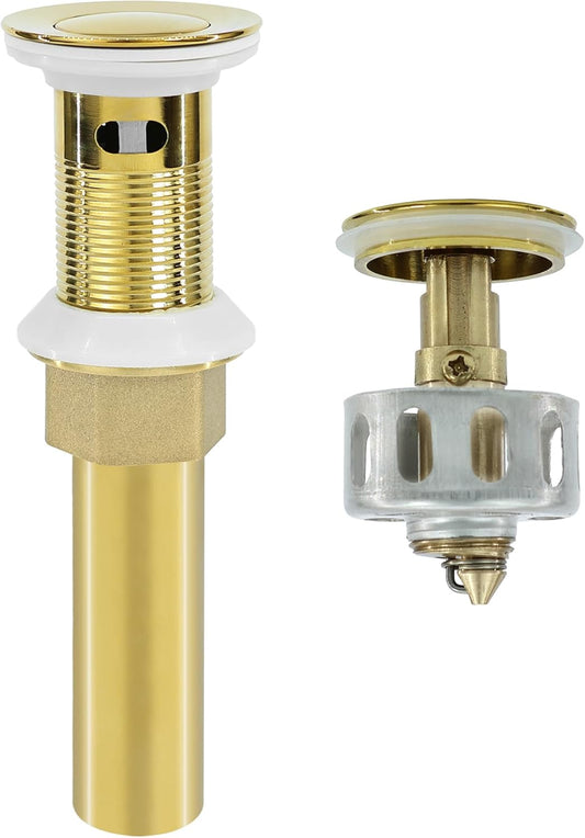 Bathroom Sink Drain,Drain Stopper Gold Stainless Steel Bathroom Sink with Overflow,Small Cap Pop Up Drain Assembly with Detachable Strainer Basket,Built-in Anti-Clogging