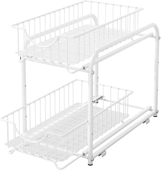 AIYAKA 2 Tier Stackable Sliding Basket Organizer Drawer For Kitchen And Bathroom/Cabinet Drawers,White