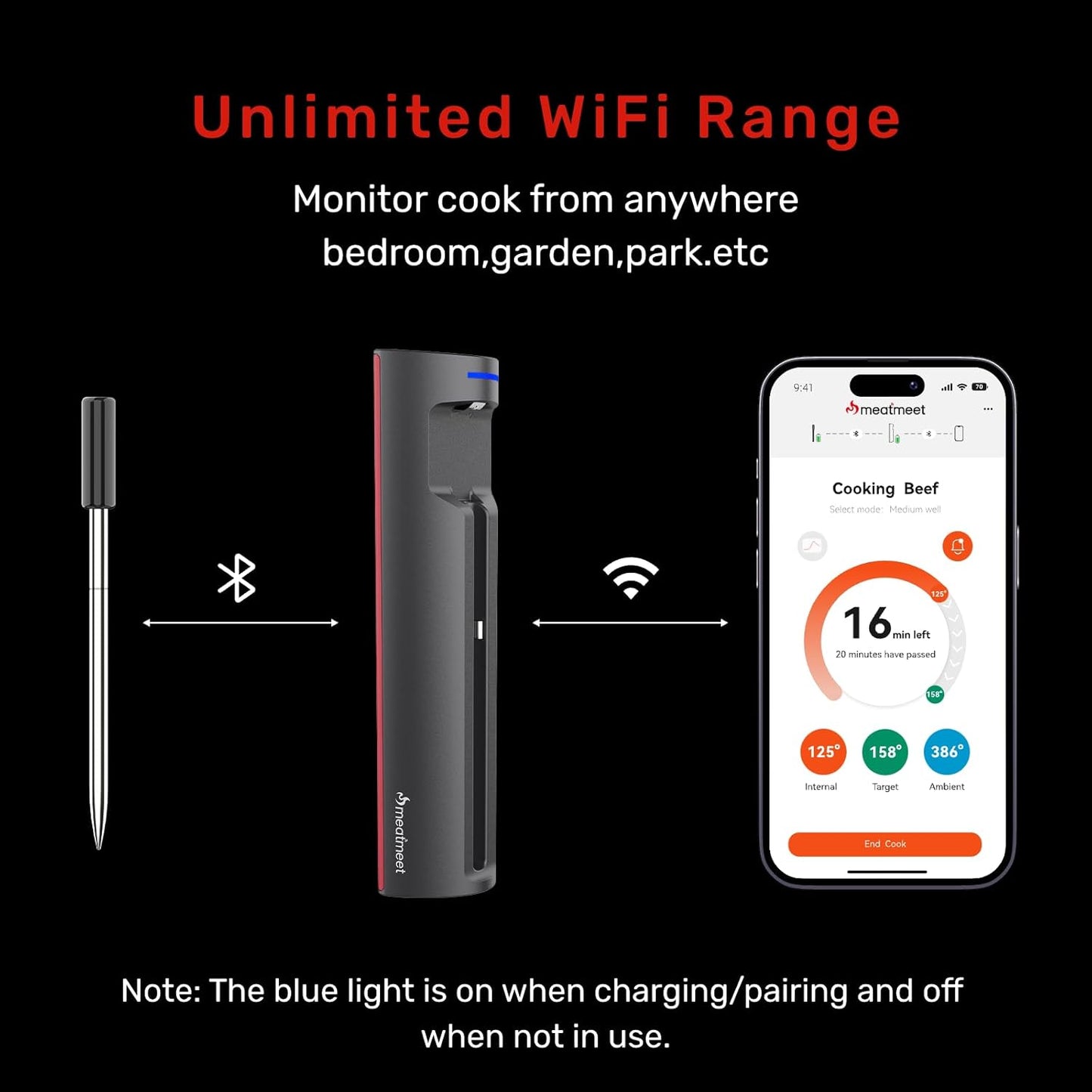 Pro Smart WiFi Wireless Meat Thermometer, Unlimited Range, Improved Stability, Ultra-Thin Probe, Bluetooth Digital Food Thermometer for Remote Monitoring of Oven/Kitchen/BBQ/Grill/Rotisserie