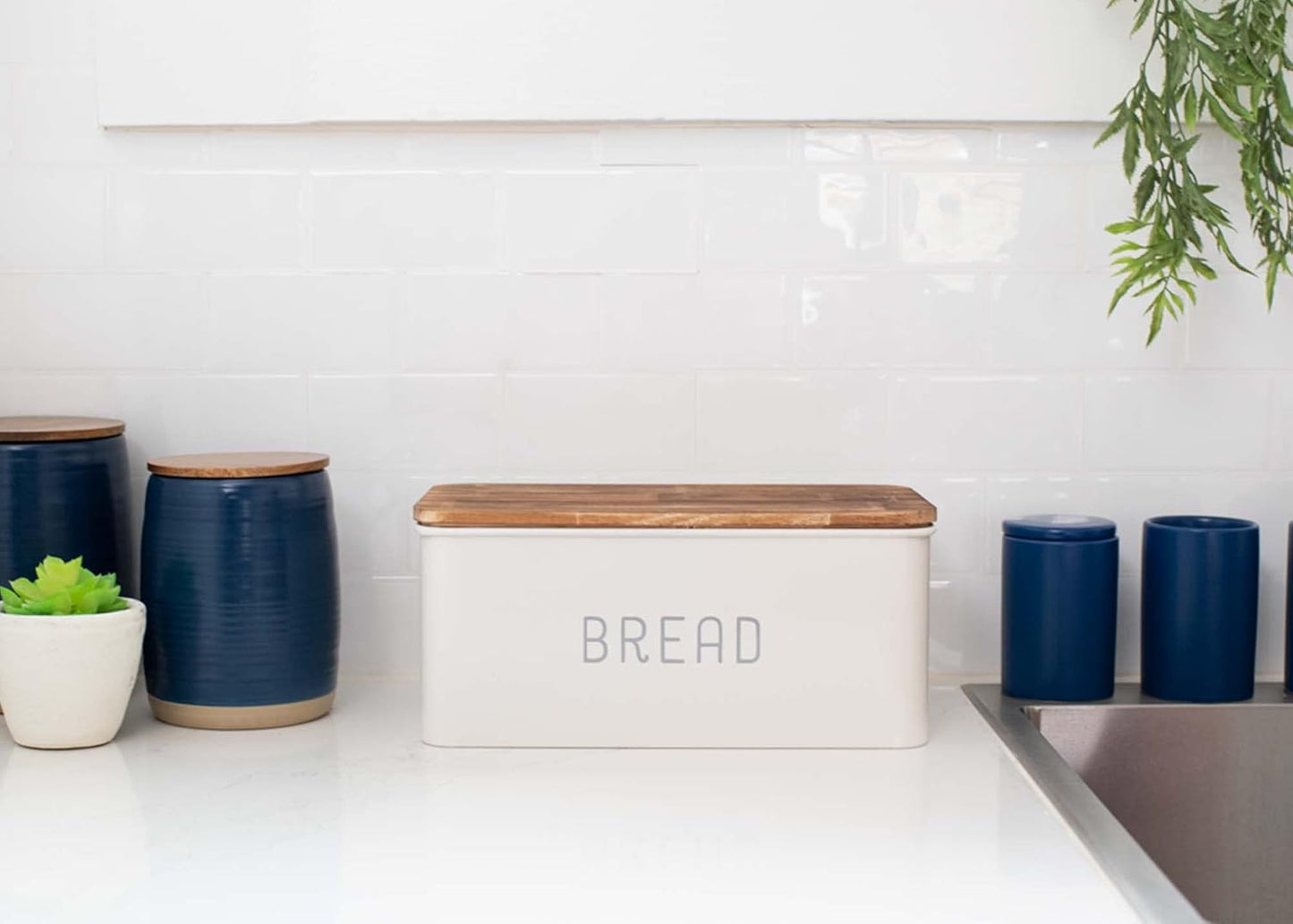 Nat & Jules Matte White 12 x 7 Metal Enamel Rubber Wood Lidded Bread Box