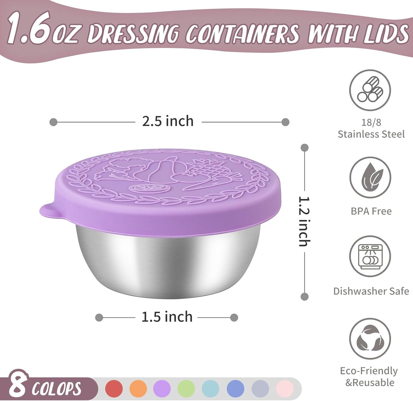 8 Pack - 1.6 Oz Small Salad Dressing Containers To Go, Leakproof Condiment Containers with Lids Reusable Stainless Steel Sauce Cups for Lunch Boxes Kitchen Storage Picnics Travel Meal Prep