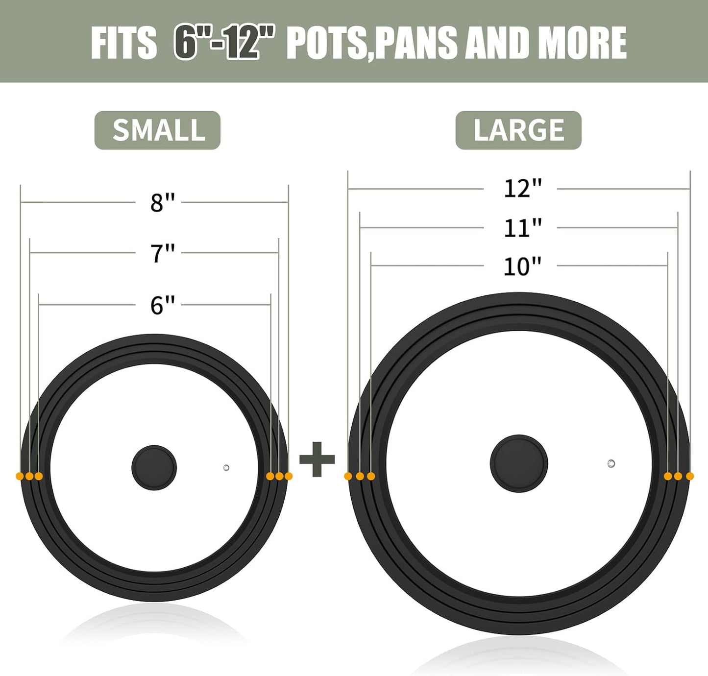 Universal Lid, Tempered Pan Lid with Heat Resistant Silicone Rim, Fits All 6" to 12" Diameter Cookware, Pots, Pans and Skillets (2PK)