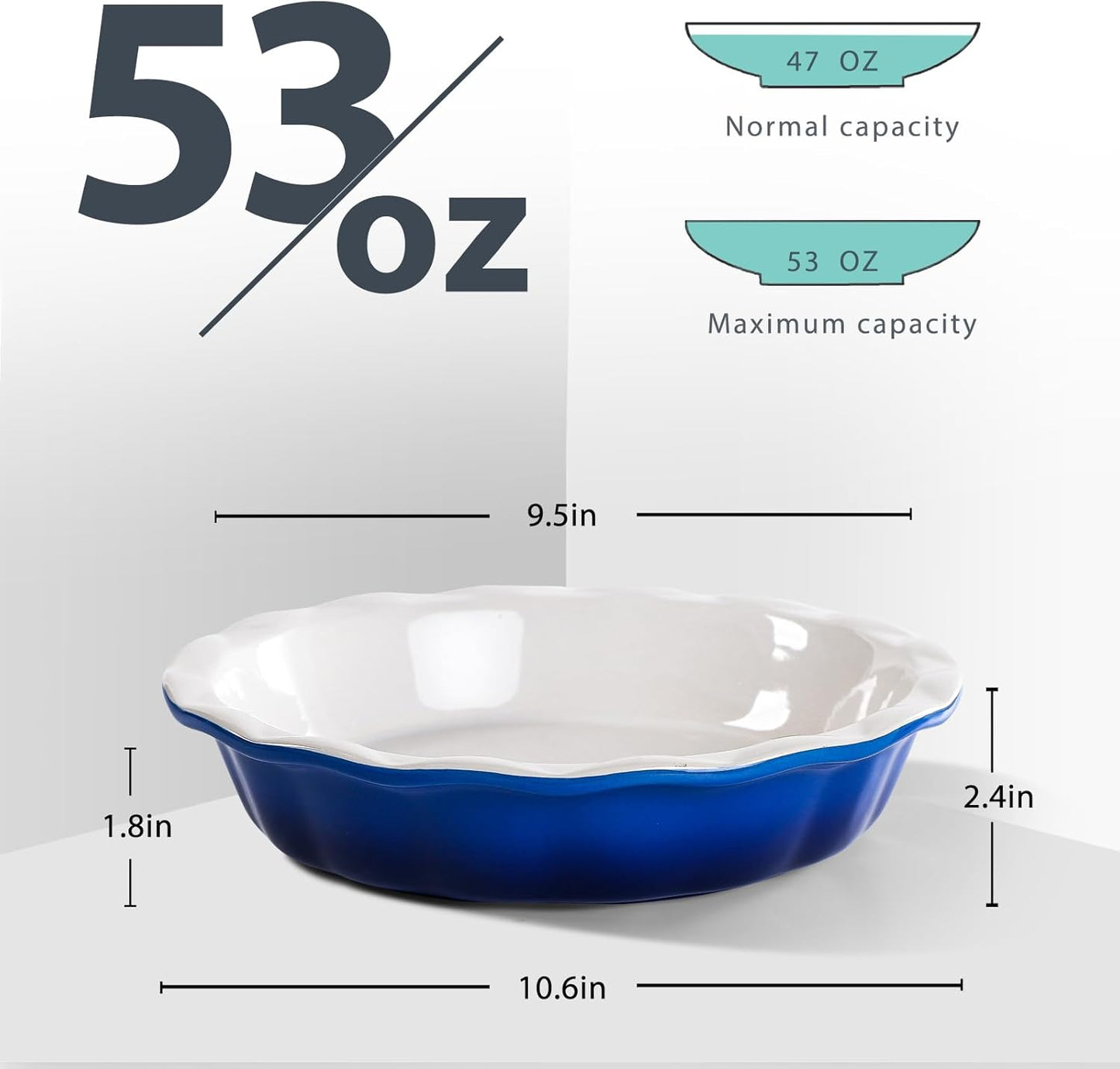 Lareina Ceramic 9 Inch Deep Dish Pie Pans, Set of 2, Blue, Non-Stick, Oven & Dishwasher Safe, Ideal for Baking Pies, Quiches, Cakes