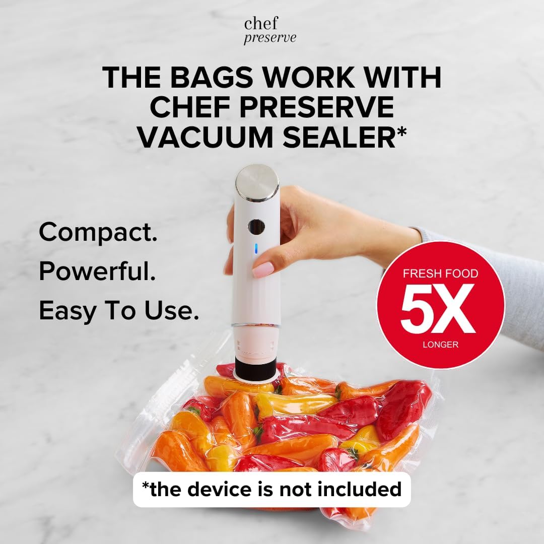 Chef Preserve Reusable Vacuum Sealer Bags for Food – 100 BPA-Free Food Storage Bags, Freezer, Microwave – Odor-Resistant, Leak-Proof – Compatible with Chef Preserve Vacuum Sealers