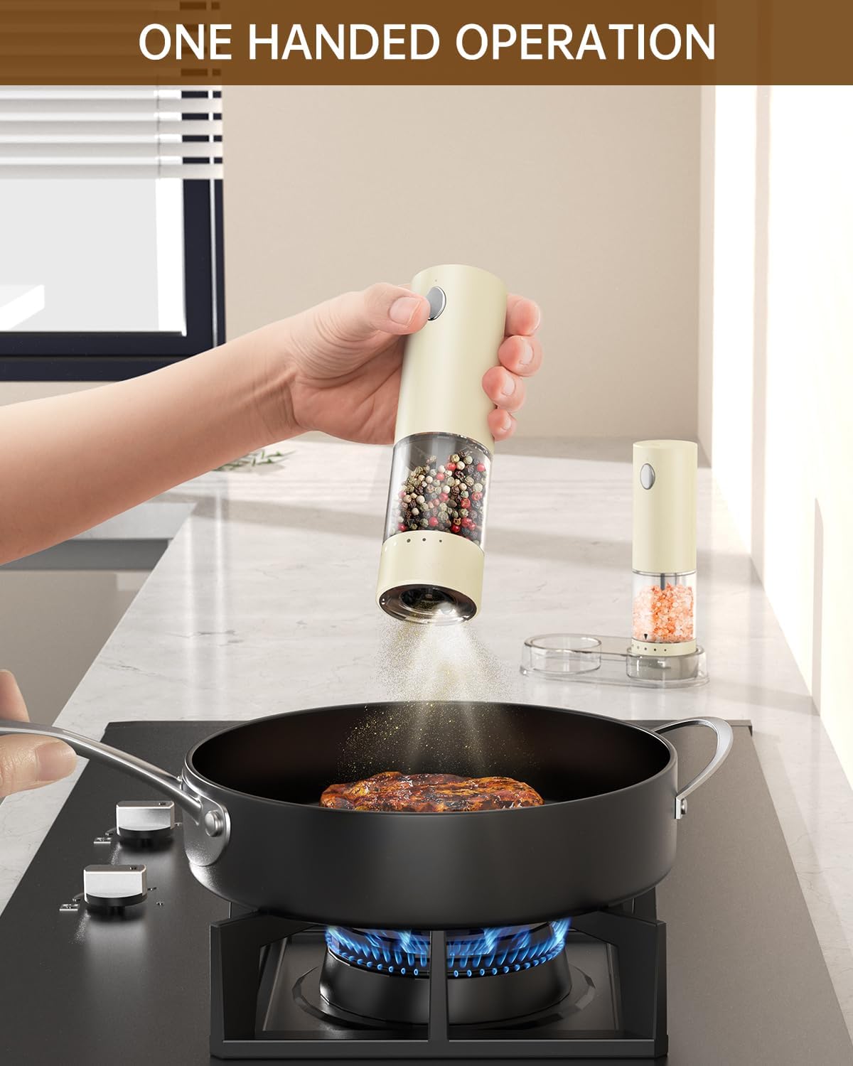 CIRCLE JOY Electric Salt and Pepper Grinder Set Rechargeable Salt and Pepper Mills with Storage Base, Adjustable Coarseness and LED White Light, Washable 95ml Container, Light Yellow