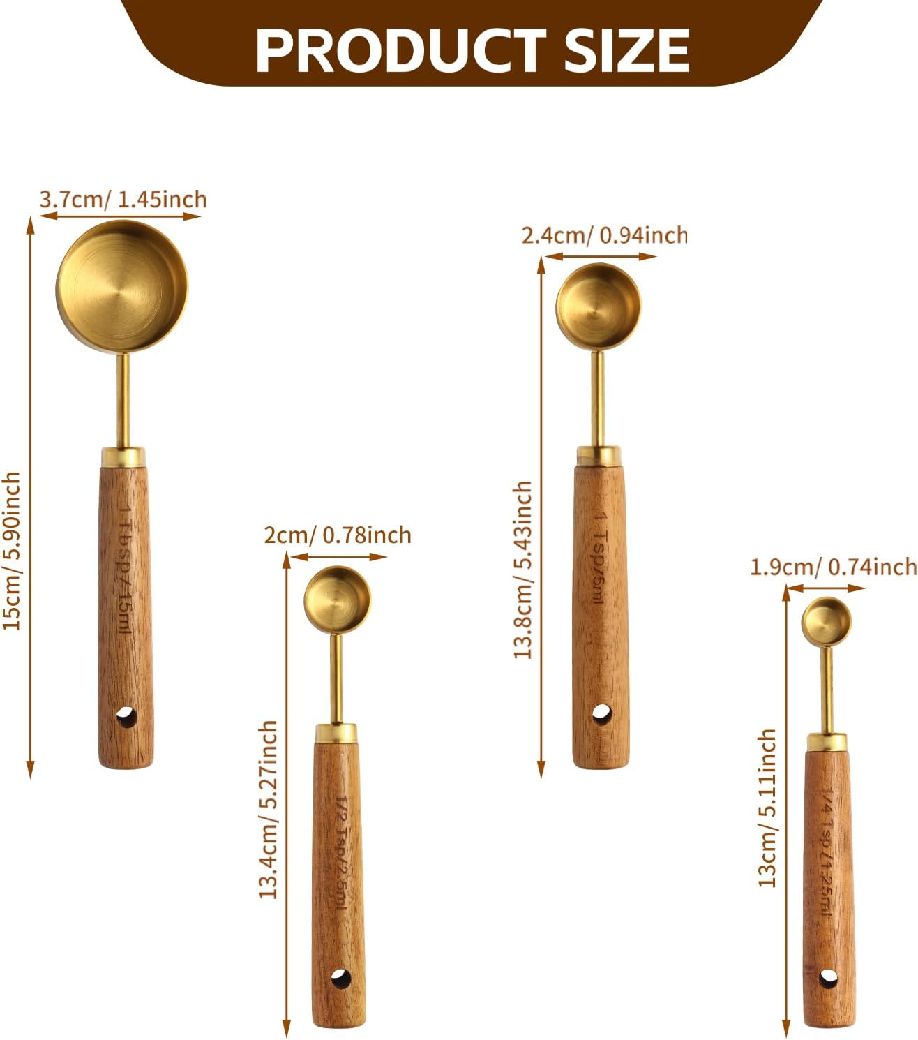 Gold Measuring Cups and Spoons Set of 4, Golden Stainless Steel Measuring Cups with Wooden Handles brass Measuring Spoons Set for Baking Supplies