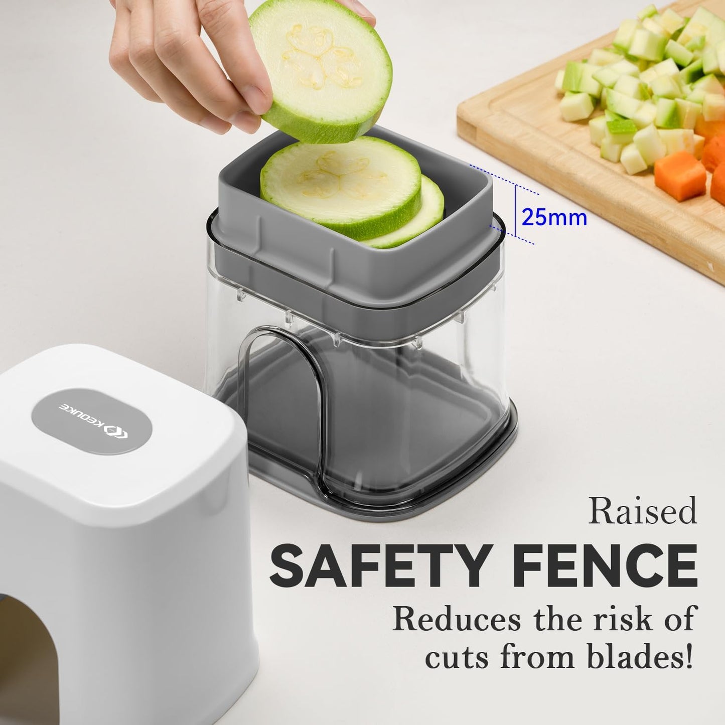 KEOUKE Multifunctional Vegetable Chopper White - 3 Interchangeable Blades Potato French Fry Cutter with Container & Storage Box Food Chopper Dicer for Cucumber, Tomato, Carrot, Onion