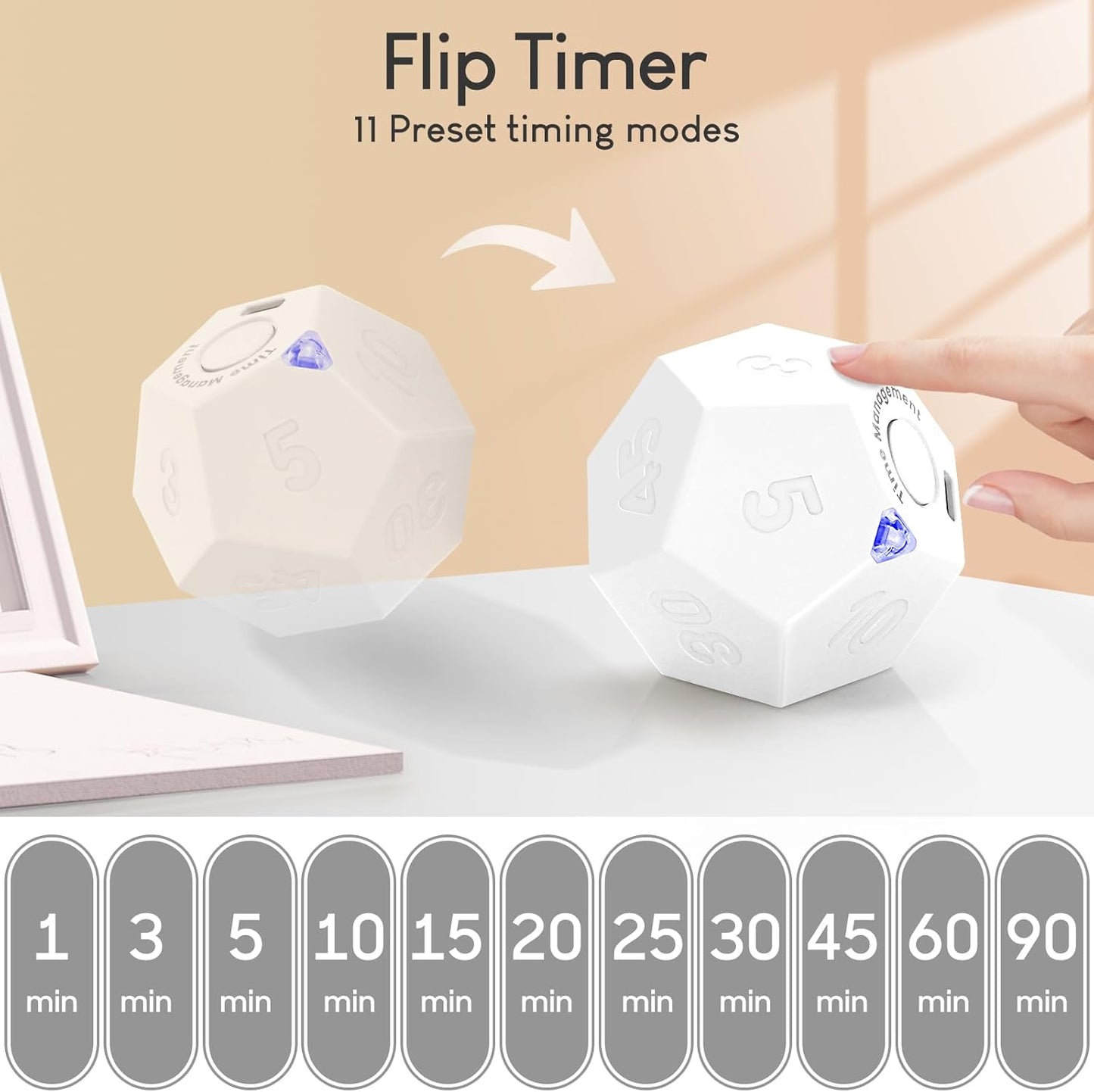 Pomodoro Timer - 11 Preset Productivity Timer, Ring/Vibrate Mode Cube for Cooking, Learning, Exercise and Beauty - White