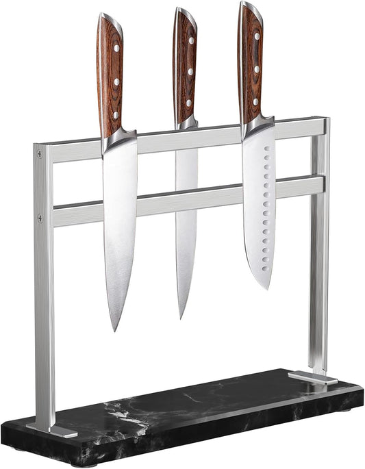 YIIYIIN Magnetic Knife Block with Marble Base - Double Sided Magnetic Knife Stand - Magnetic Knife Holder - Kitchen Knife Storage - Knife Holders for Counter Top - Black