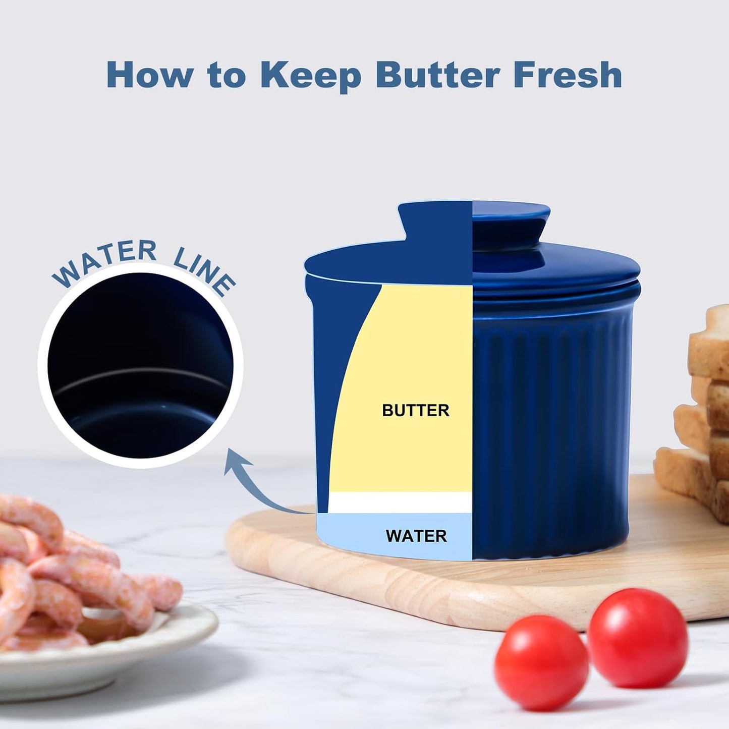 Large Butter Crock for Counter with Water Line, Butter Keeper, Ceramic French Butter Dish Holder for Fresh Spreadable Soft Butter (Blue, 8 Ounce)
