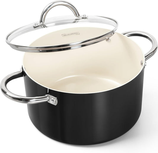 MICHELANGELO Stock Pot with Lid, 6 Quart Cooking Pot with Ceramic Coating, Nonstick Ceramic Soup Pot with Lid, Induction Compatible - 6QT Stockpot, Black