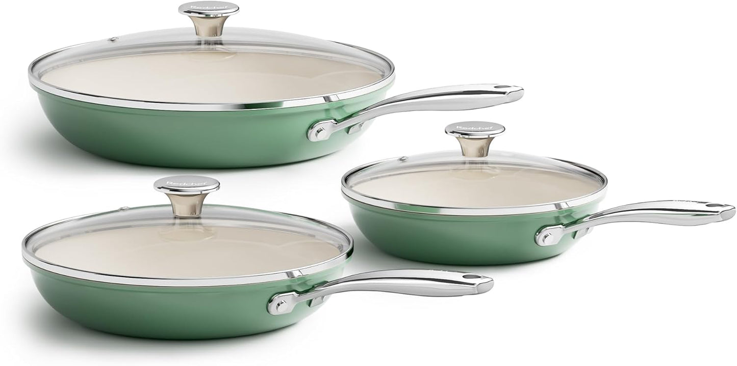 Redchef Nonstick 6-Piece Fry Pan Set, 8, 9.5, and 11 Inch Frying Pans with Tempered Glass Lids, Stay-Cool Handles, Dishwasher & Oven Safe, Induction Safe, Compatible with All Cooktops, Green