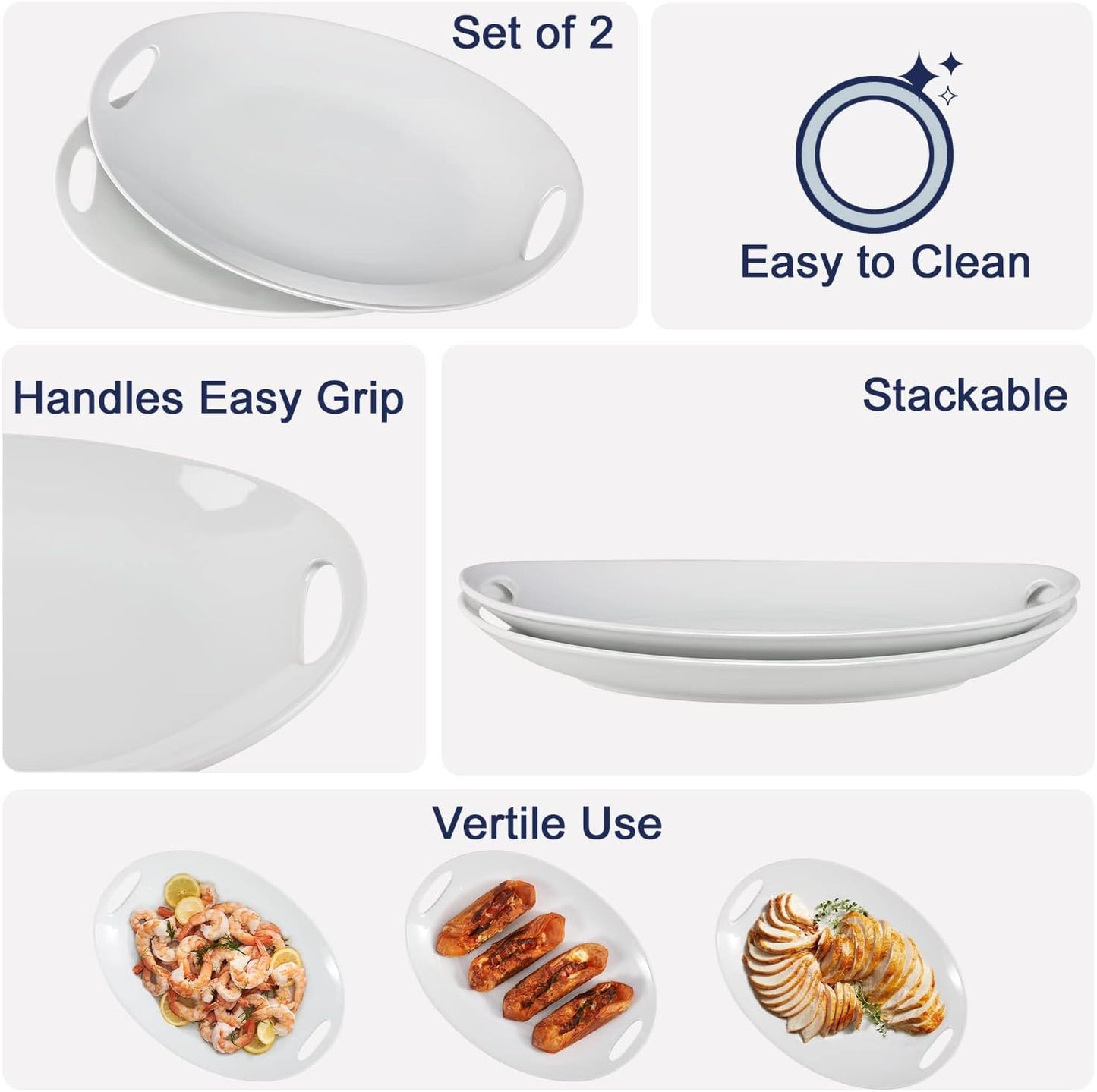 Porcelain Serving Platter with Handles, 14" serving dishes for entertaining, Oval Serving tray for Salad, Stew, Fruits and Pasta, Set of 2, White