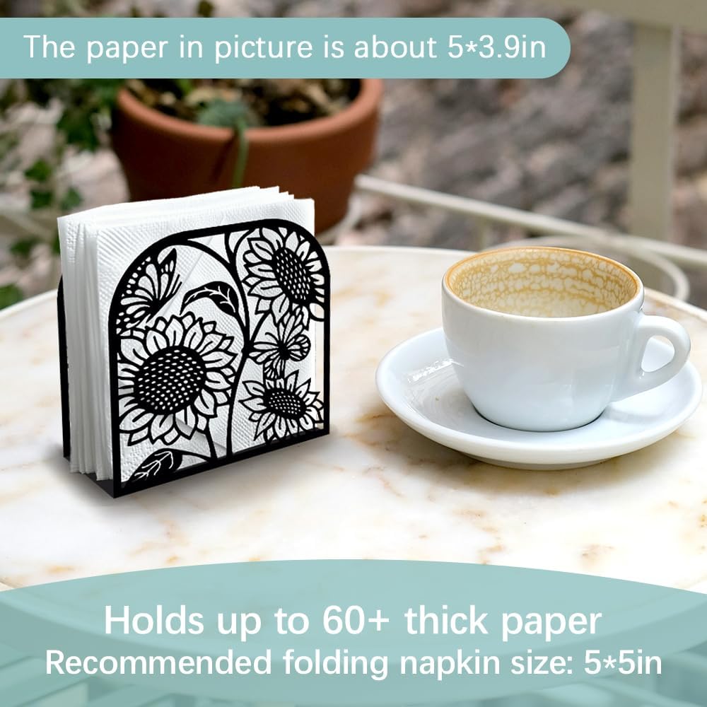 Sunflower and Butterfly Decorative Black Metal Napkin Holder for Table, 4.9" x 4.9" x 1.9" Standing Napkin Holder for Home Kitchen Restaurant Picnic Party Coffee Bar Dining Room