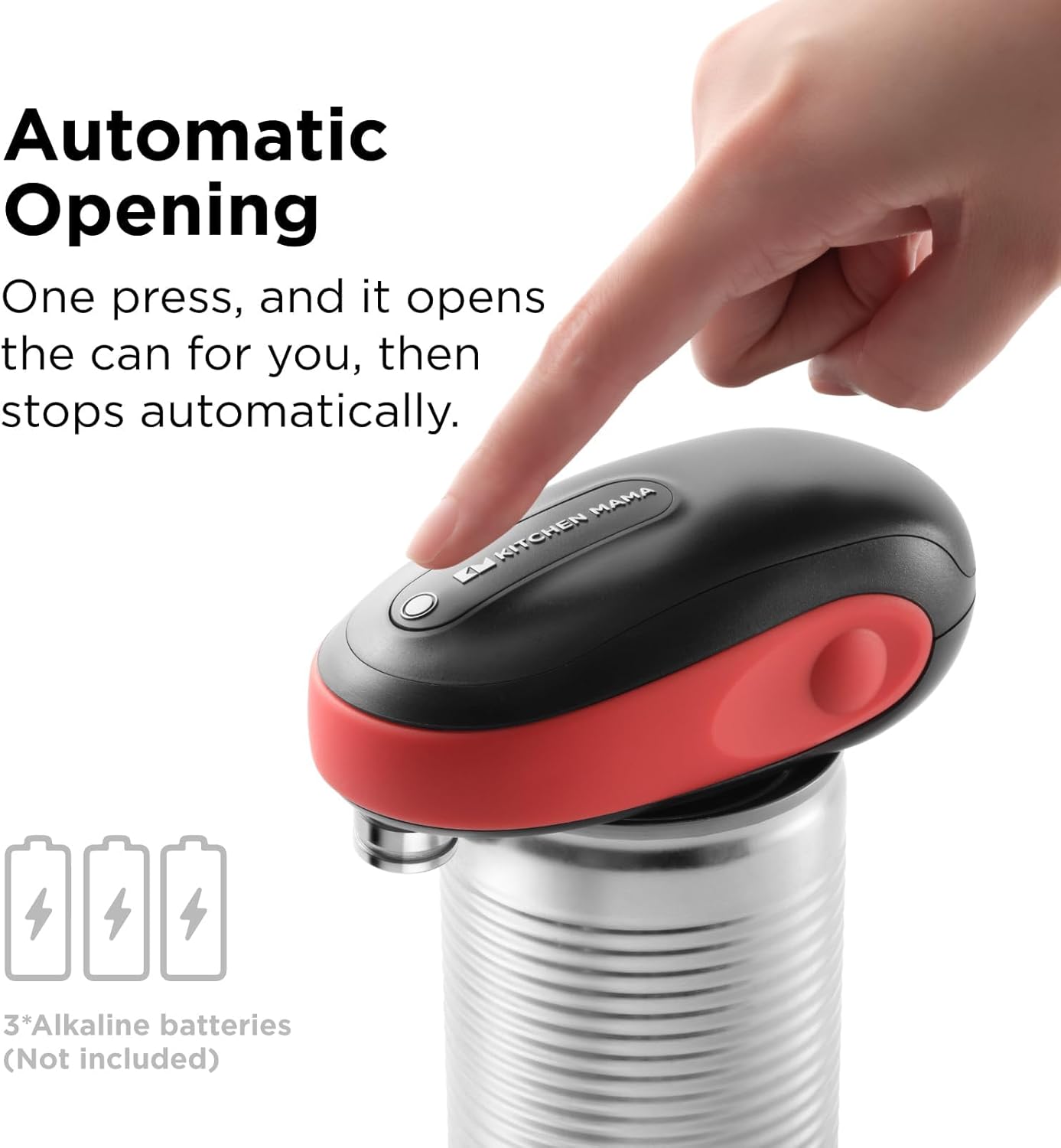 Kitchen Mama One-To-Go Electric Can Opener: One Touch, Auto Stop, Smooth Edge, Lid Lift, Safety, Automatic, Magnetic, Cordless, Battery Operated, Kitchen Appliance for Senior with Arthritis (Red)