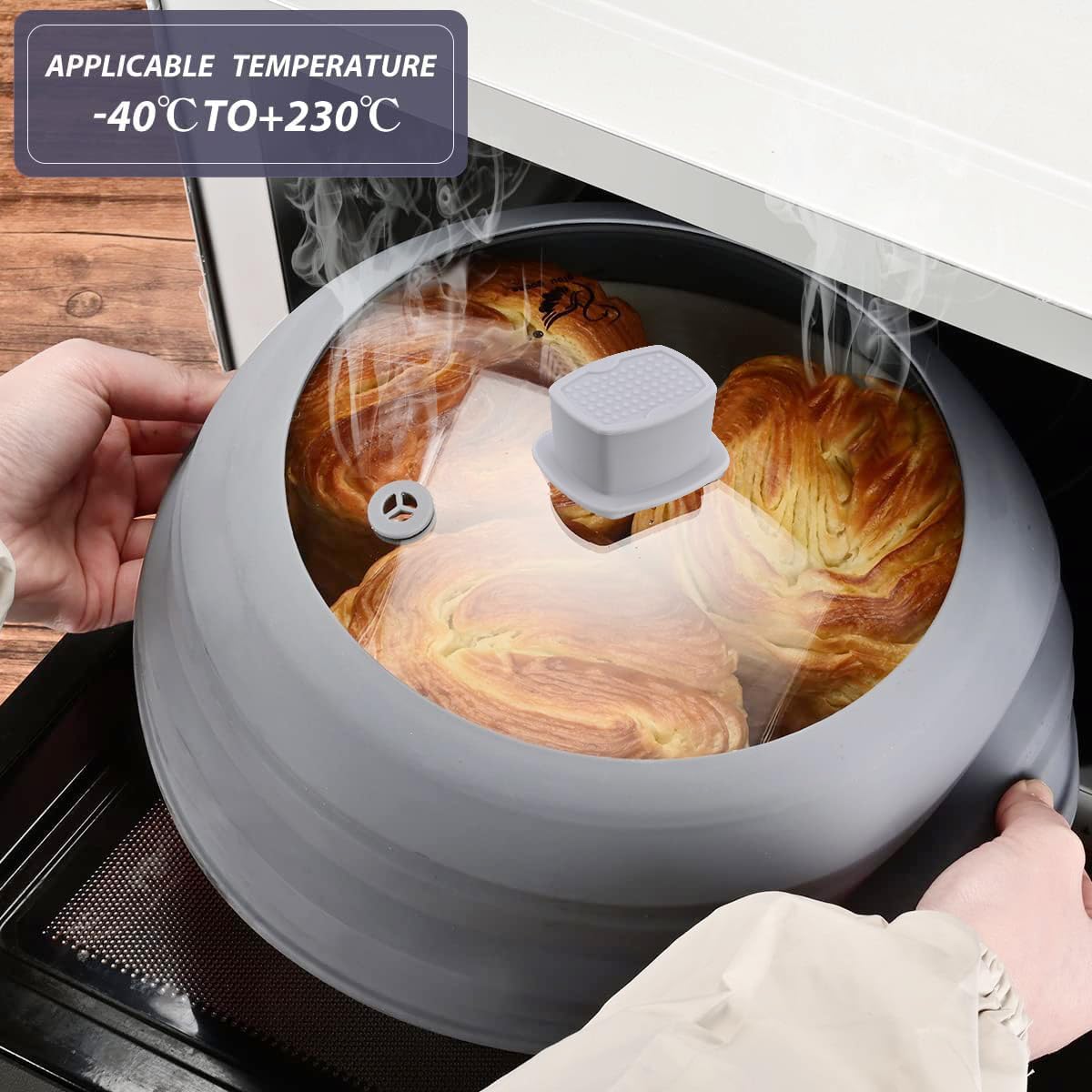 Microwave Splatter Cover Glass Cover Guard Lid with Collapsible Silicone for Food Pot Plate Cover 9.8 inch Light Grey