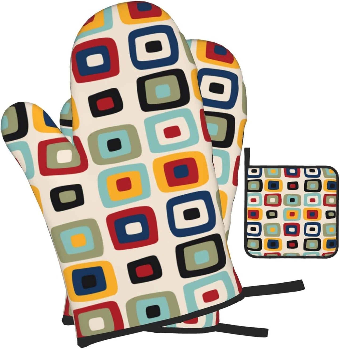 Mid Century Modern Retro Oven Mitts and Pot Holders Sets of 3 Heat Resistant Non Slip Vintage Decorative BBQ Gloves for Cooking Grilling Baking Kitchen Decor