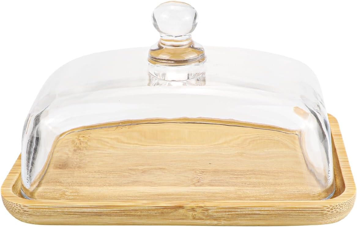 Crystal Clear Glass Butter Dish with Lid Butter Holder Container for Butter, Cream Cheese, and Dessert Cake（Bamboo）