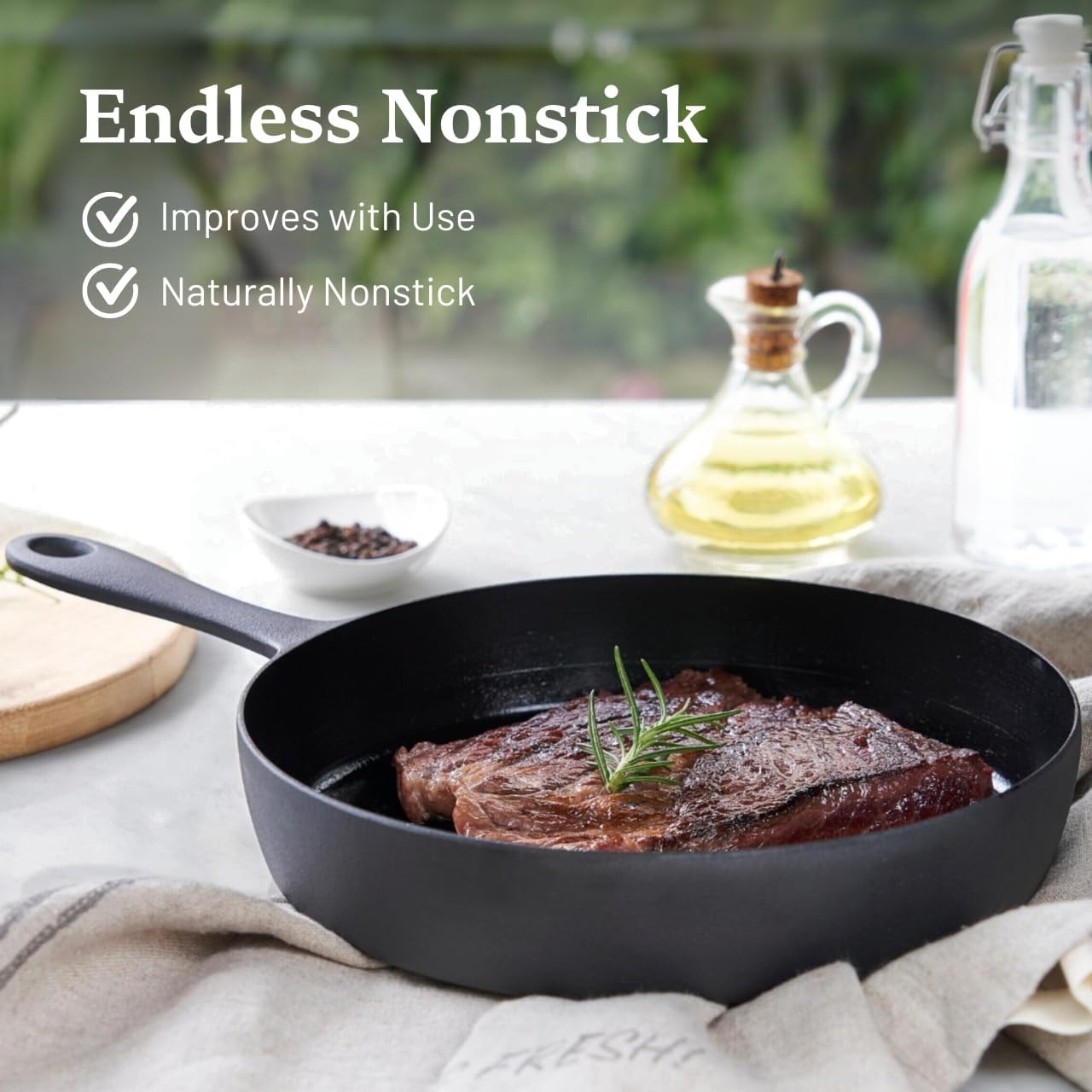 Flambo 12 Inch Cast Iron Skillet - Naturally Non-Stick, Pre-Seasoned Frying Pan, Smooth Nonstick Finish for Grilling, Frying, Sauteing, Searing, Baking - Use on Oven, Stove, Grill, or Campfire