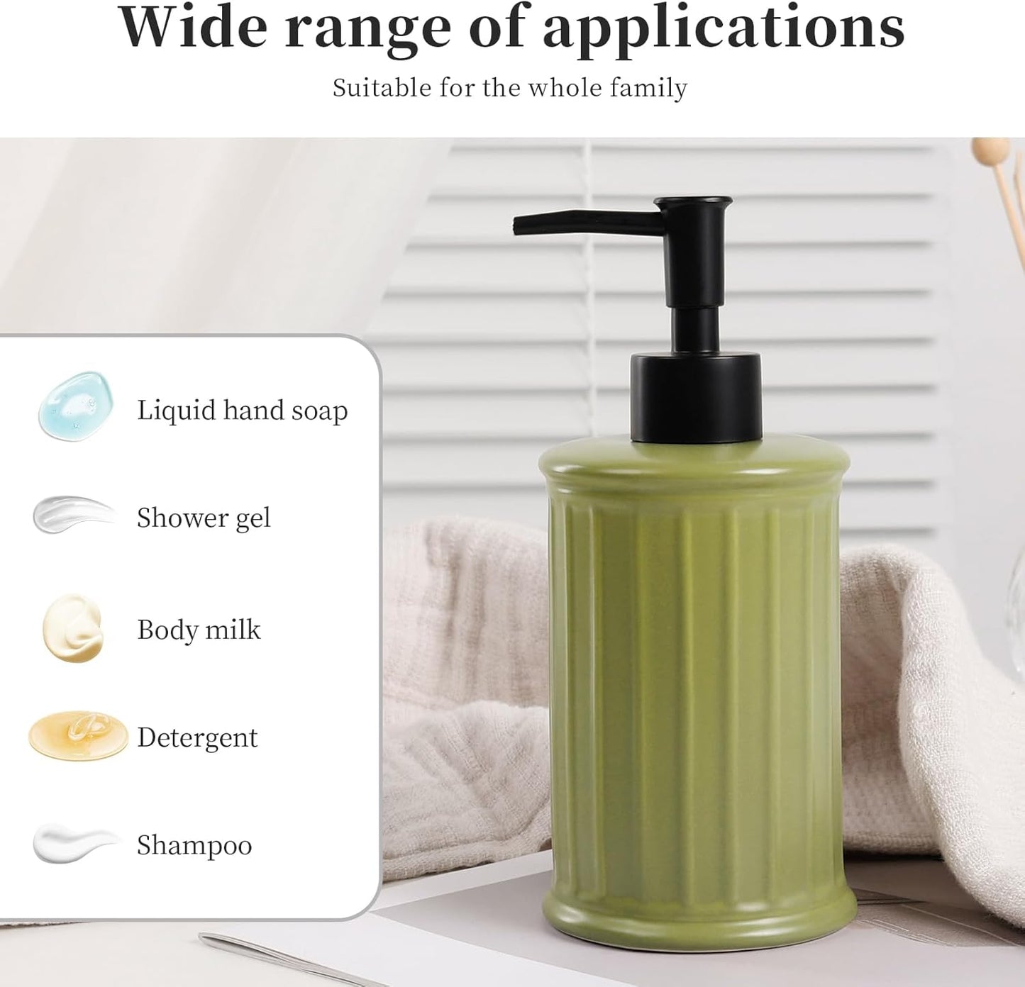 Soap Dispenser, Ceramic Liquid Dish Soap Dispenser 11.84OZ, Hand Soap Dispenser for Kitchen Bathroom, Refillable Shower Soap Dispenser, Green, ANTIS'S HOME
