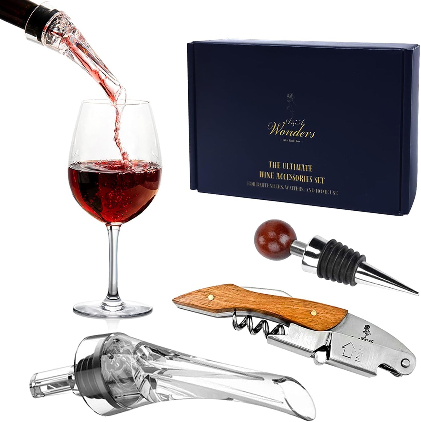 A&A Wonders Wine Accessories Set, Featuring 3 in-1 Multifunctional Waiters Corkscrew Bottle Opener, Wine Aerator Pourer Spout & Decanter, Air-Tight Wine Stopper.