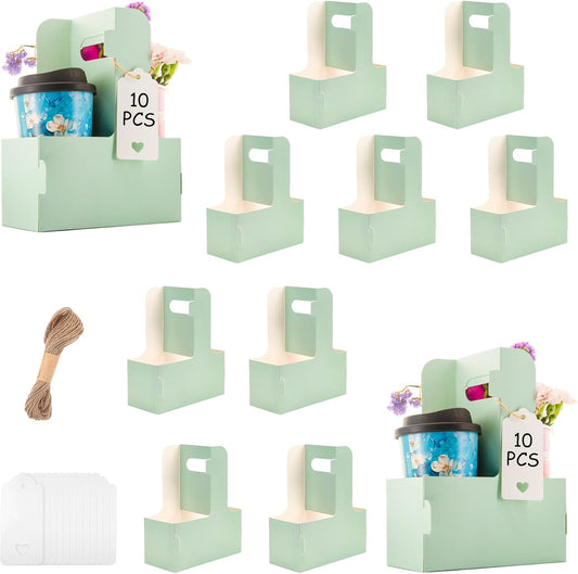 10 Pack 2 Cup Disposable Drink Carrier with Handle Paperboard Coffee Cup Holder Portable for Hot Cold Drinks Food Delivery Services with Heart Card for Teacher Appreciation Week Mother's Day