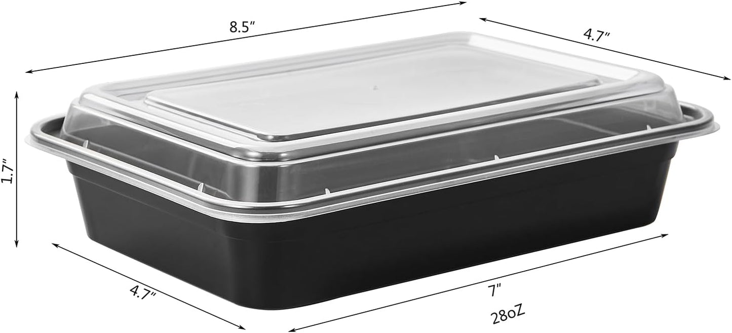 50 Pack Meal Prep Plastic Food Storage Containers With Lids 28 oz 1 Compartment Black Rectangular To Go Lunch Prepping Boxes BPA-Free Microwavable Freezer Safe Stackable (Formerly FULING)