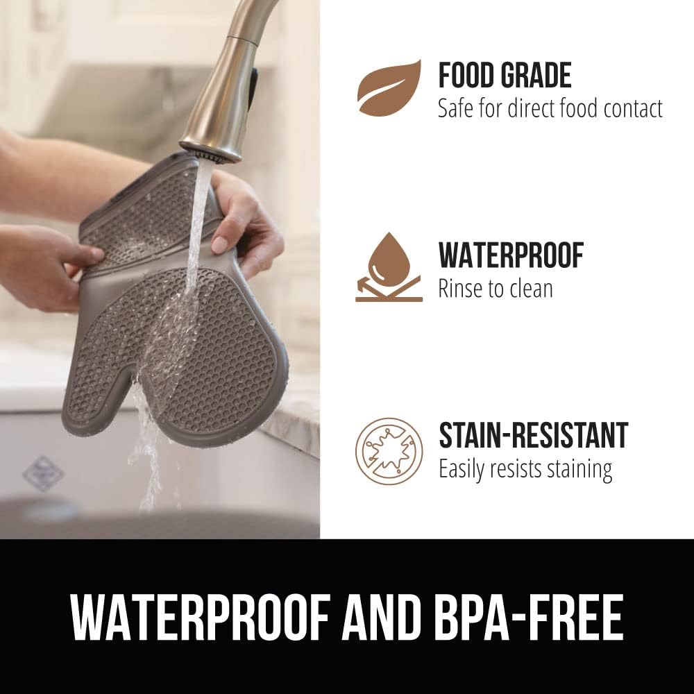 GORILLA GRIP BPA-Free Soft Silicone Oven Mitts, 14.5x8.3, Heat Resistant and Waterproof Cooking Gloves, Thick Cotton Lining, Flexible Gripping for Baking Grilling, Kitchen Potholders Set of 2, Gray