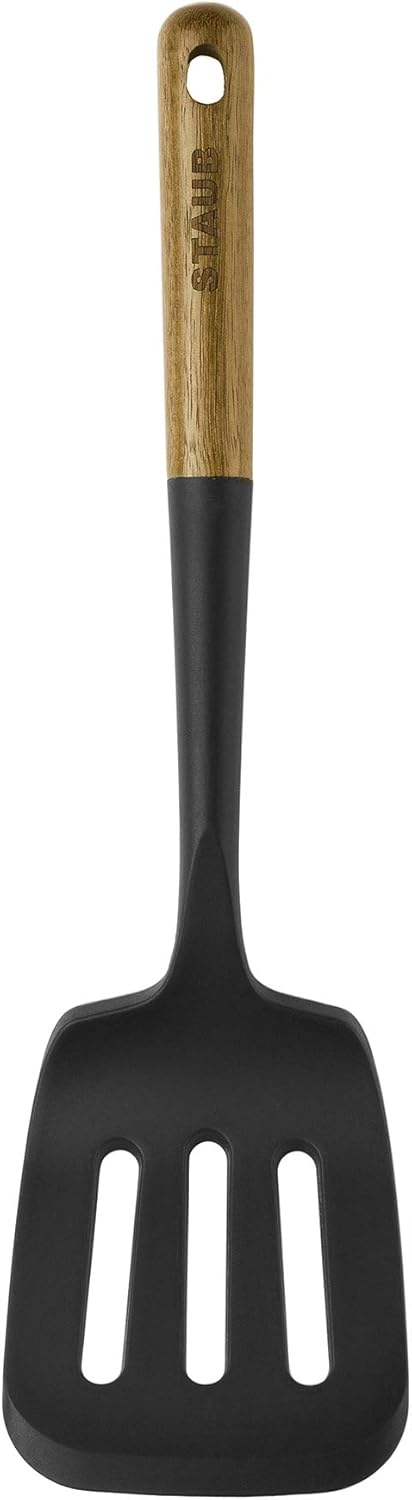 STAUB Cast Iron Set 4-pc, Stackable Space-Saving Cookware Set, Dutch Oven, Skillet, Grill Pan & Silicone Spatula Turner, Perfectly Angled for Lifting Pancakes, Sandwiches