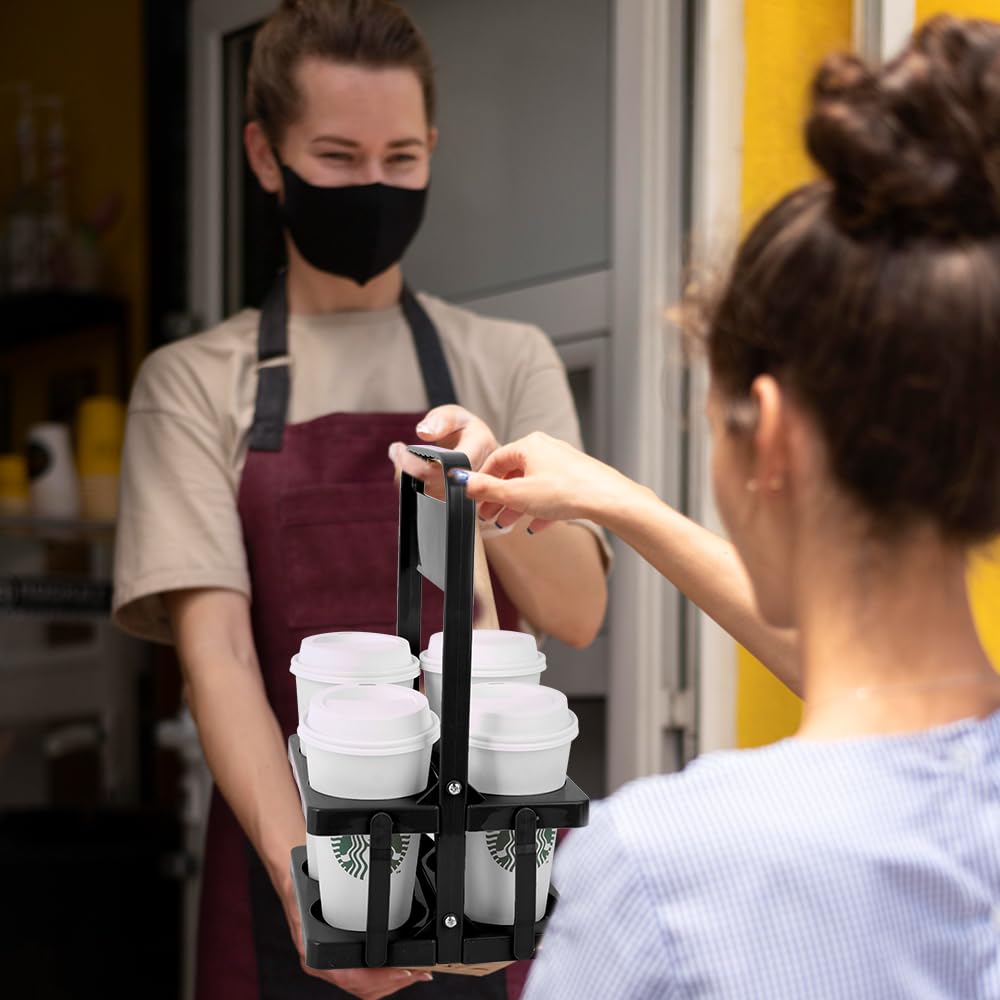 Bodaon 4 Cup Drink Carrier with Handle, Plastic Cup Carriers for Drinks, Drink Holder for Car, GrubHub/Eats Doordash Accessories, Portable Foldable Reusable Mobile, Use for Food Delivery Bag, Black