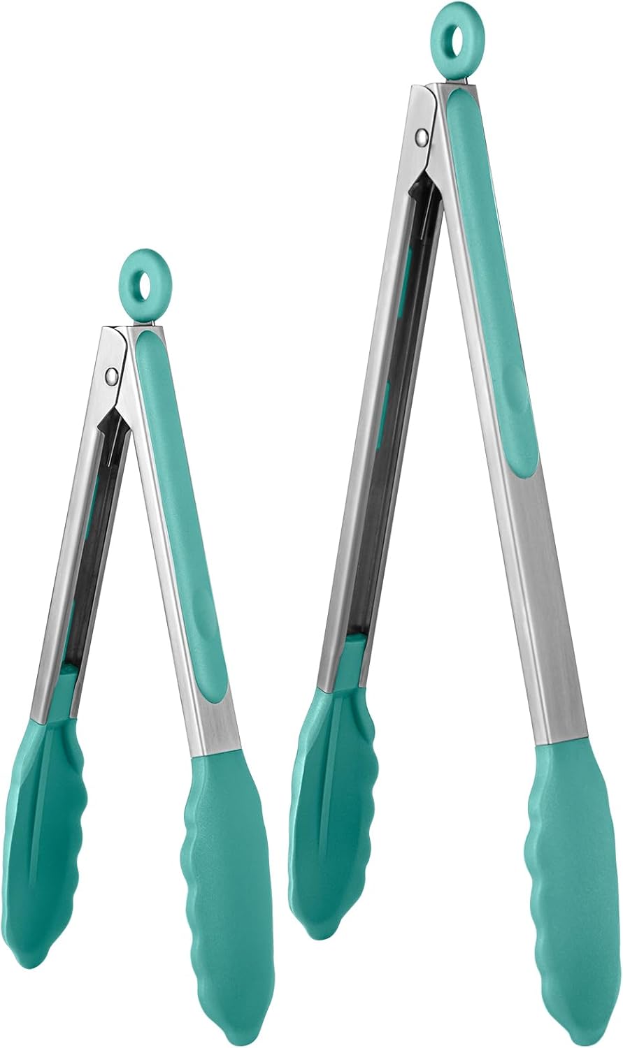 600ºF Heat Resistant Kitchen Tongs: U-Taste 9+12 inch Silicone Cooking Tong Set with Firm Sealed Non Stick Rubber Tips and Silicon Coated 18/8 Stainless Steel Handle for Serving Grilling (Aqua Sky)