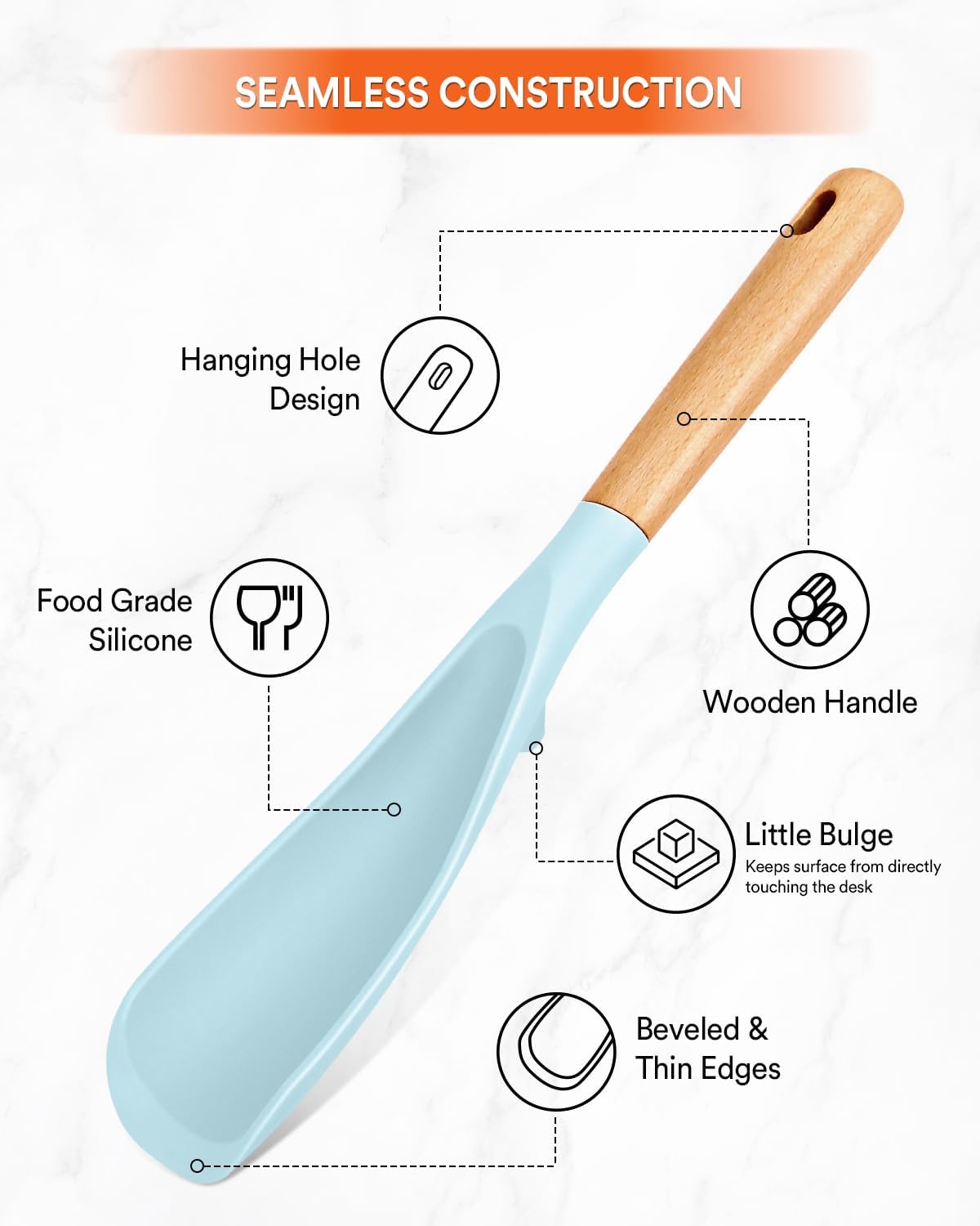 Cooking Spoon and Rice Scooper for Nonstick Cookwares, Great for Cooking and Serving Sturdy BPA-Free Matte Silicone, Wood Handle Spoon for Mixing, Scoop, and Scrape (BLUE)