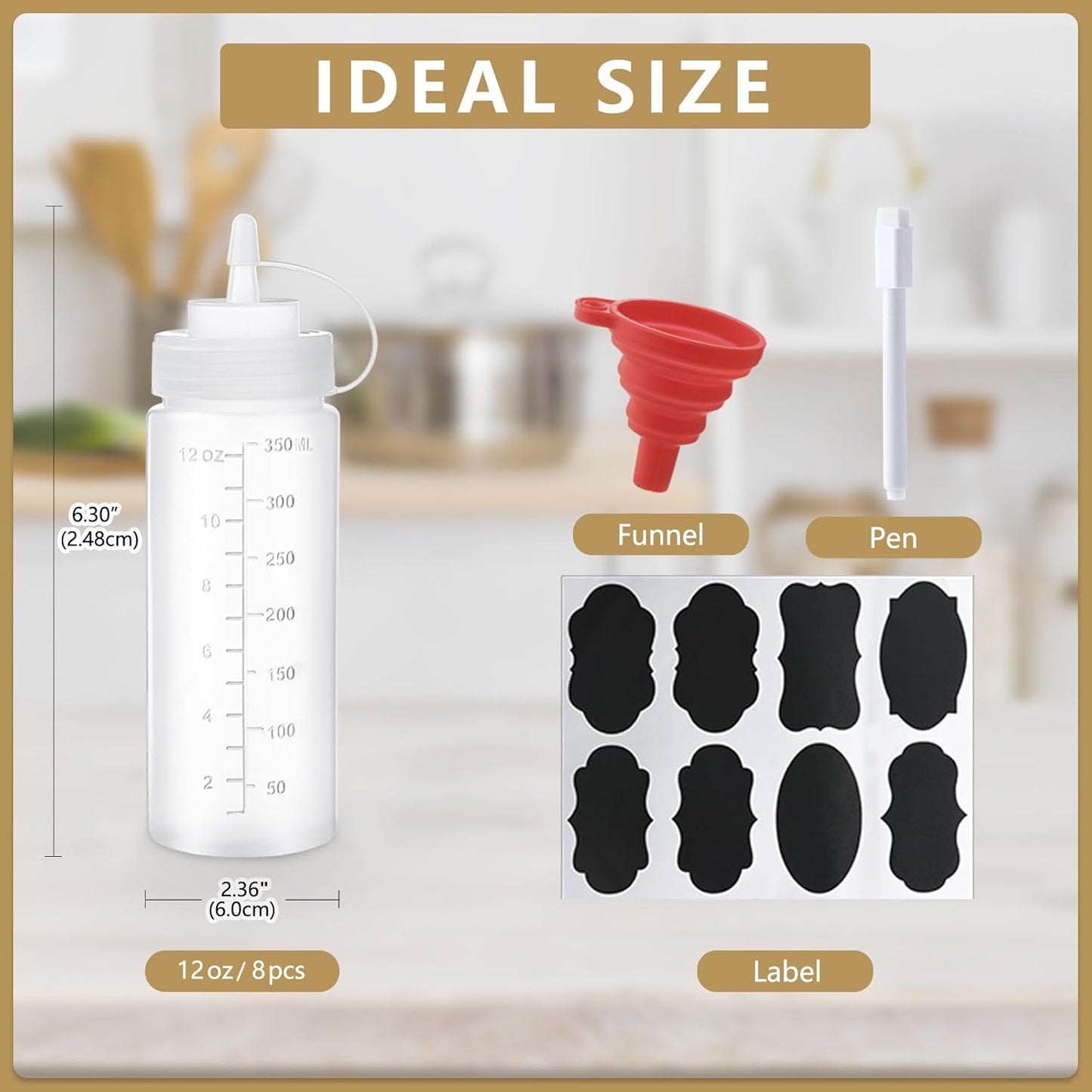 8 Pack 12 oz Plastic Squeeze Squirt Condiment Bottles with Cap Lids - Perfect for Condiments, Oil, Icing, Liquids–Set of 8 with extra 1 Silicone Funnel, 8 Chalk Labels and 1 Pen