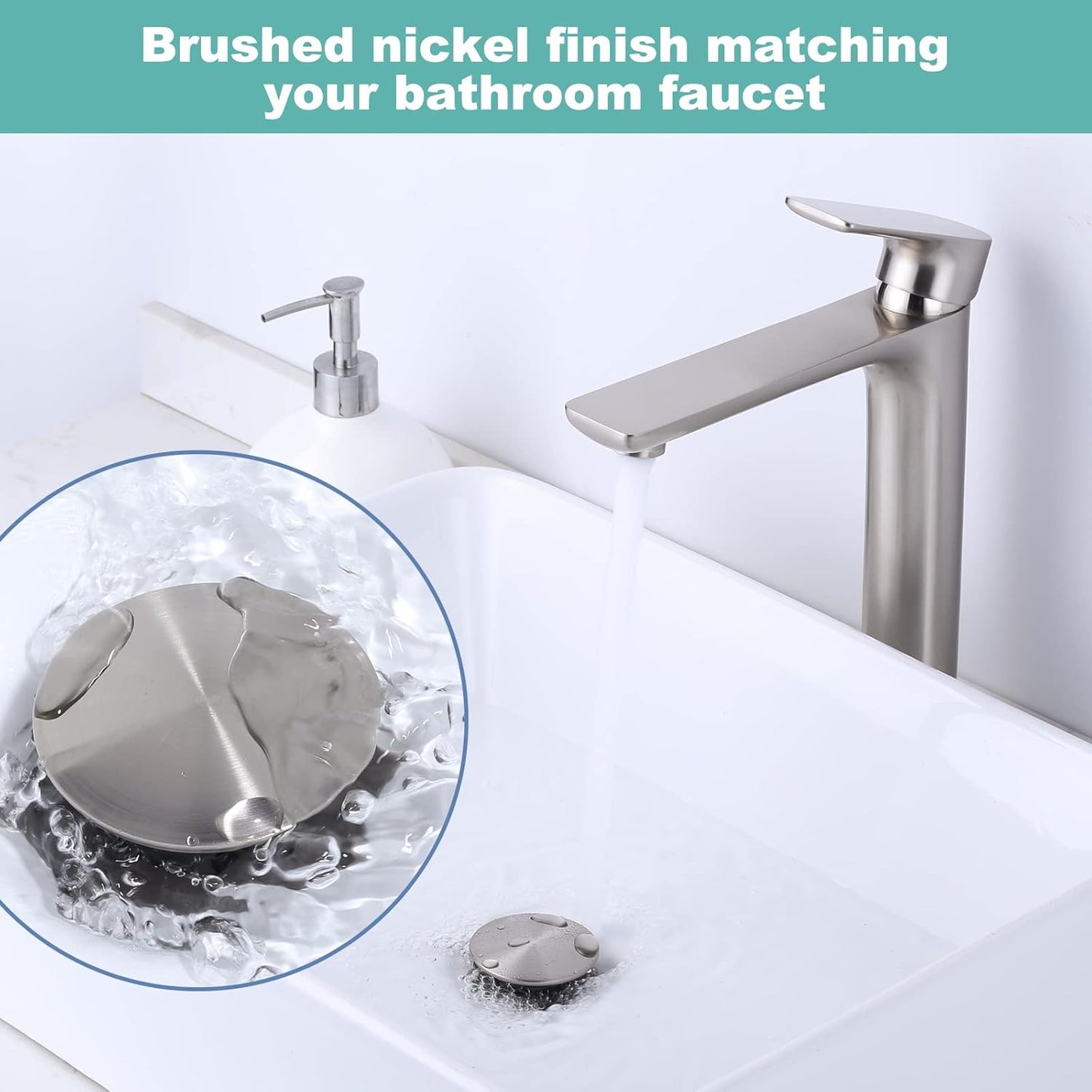 Bathroom Sink Drain Without Overflow, ARCORA Brushed Nickel Pop Up Drain for Vessel Sink Clicker Drain Stopper