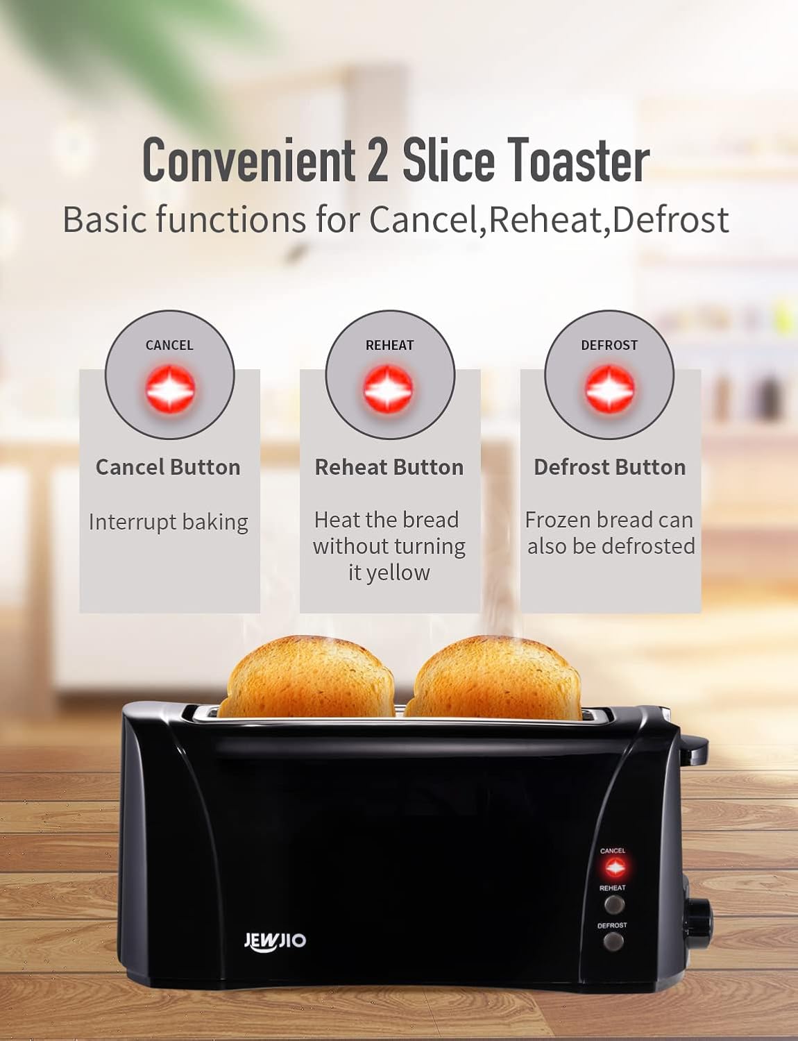 JEWJIO Slim Compact 2 Slice Toaster with Wide Long Slot - Vintage Black, 1000W, Defrost/Reheat/Cancel, 6 Shade Settings, Removable Crumb Tray for Bagels & Waffles