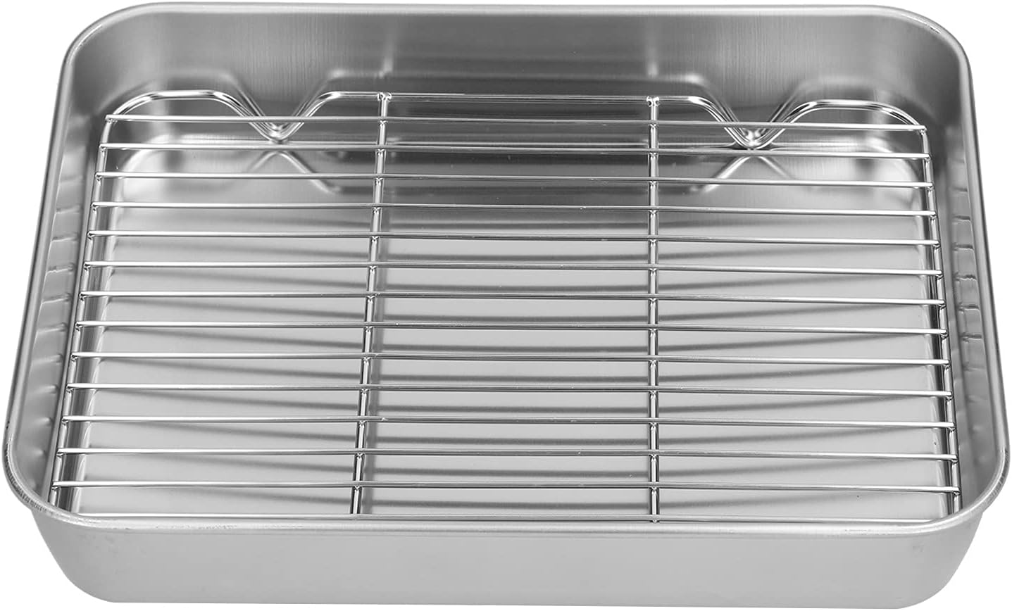 Stainless Steel Roasting Pan, Broiler Pan with Grill Rack Set, Rectangular Roaster Idea for Cooking and Baking (10.4×8.1×2inch)