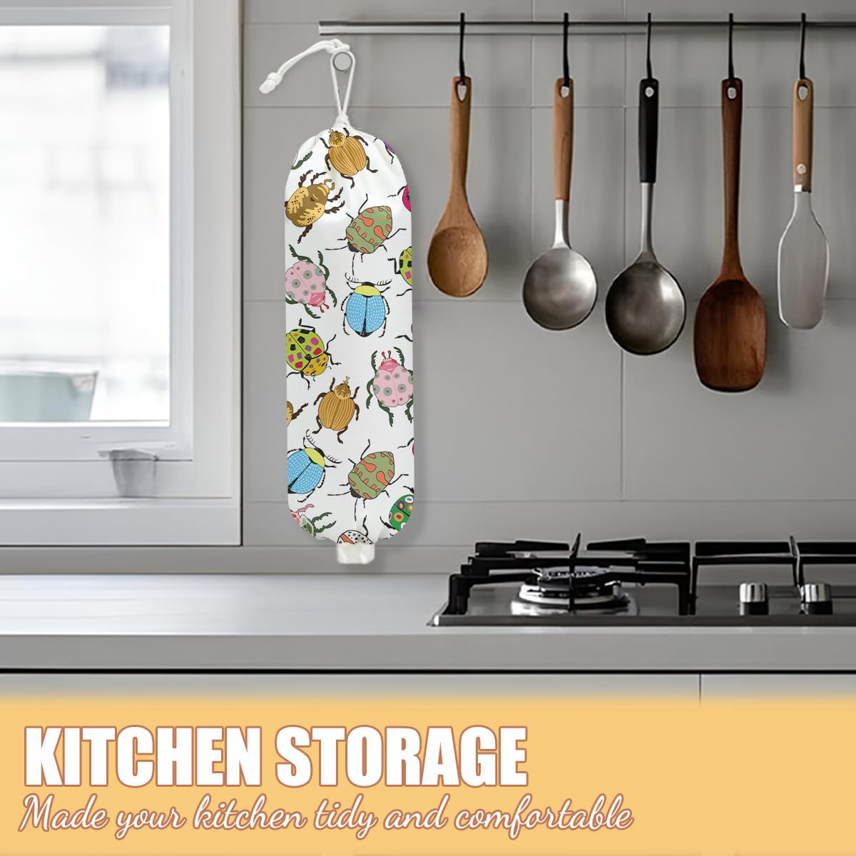 Insect Beetle Plastic Bag Holder, Wall Mount Grocery Bag Holder, Plastic Storage bag, Pull Rope Free Adjustment, Plastic Bag Holders for Grocery Bags, Plastic Bag Dispenser for Home Kitchen