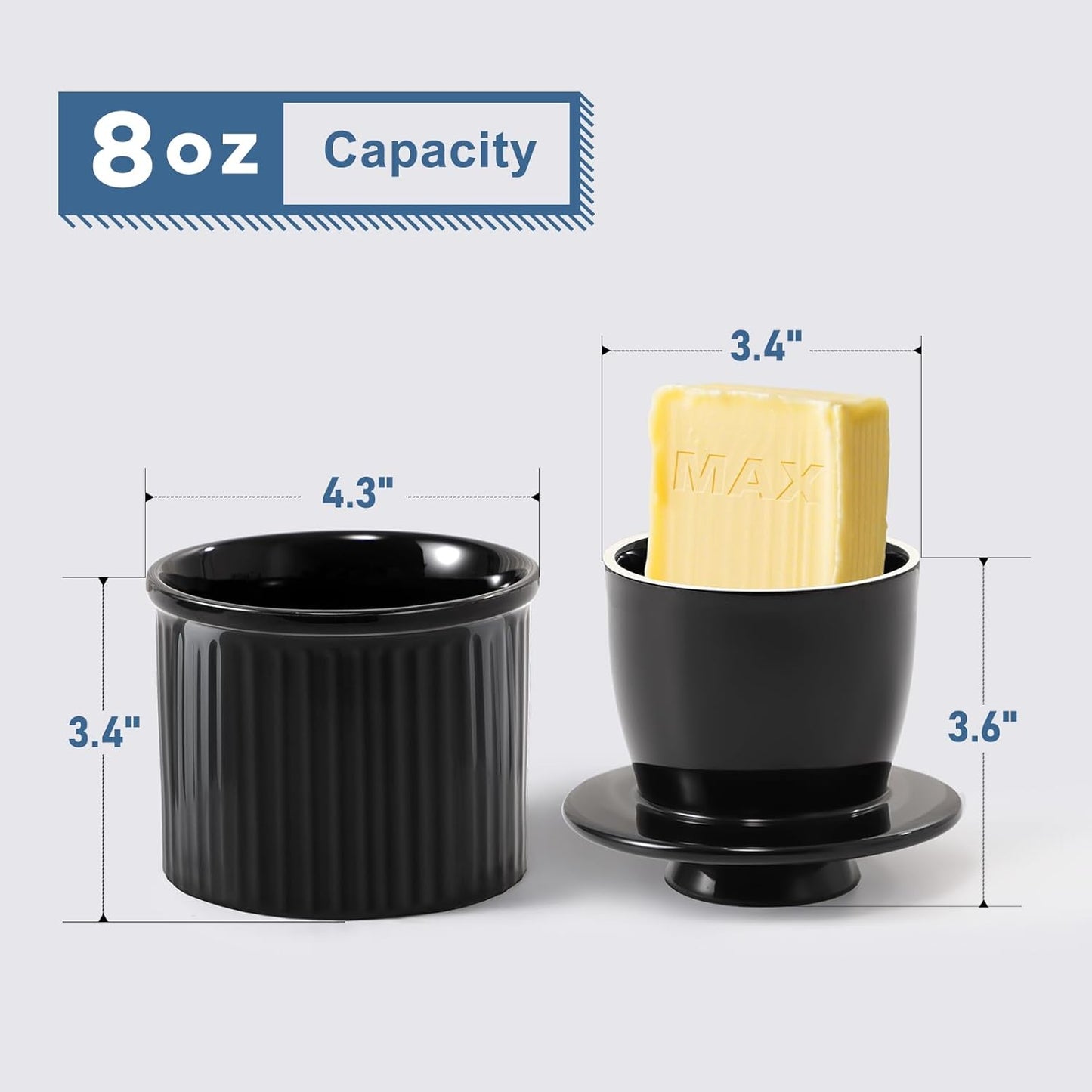 Large Butter Crock for Counter with Water Line, Butter Keeper, Ceramic French Butter Dish Holder for Fresh Spreadable Soft Butter (Black, 8 Ounce)