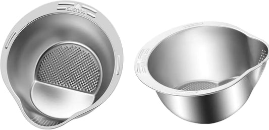 2 Pack Rice Washer Strainer Bowl,Stainless Steel Washing Bow Rinser With Side Drainers Colander for Cleaning Fruits, Vegetables Silver