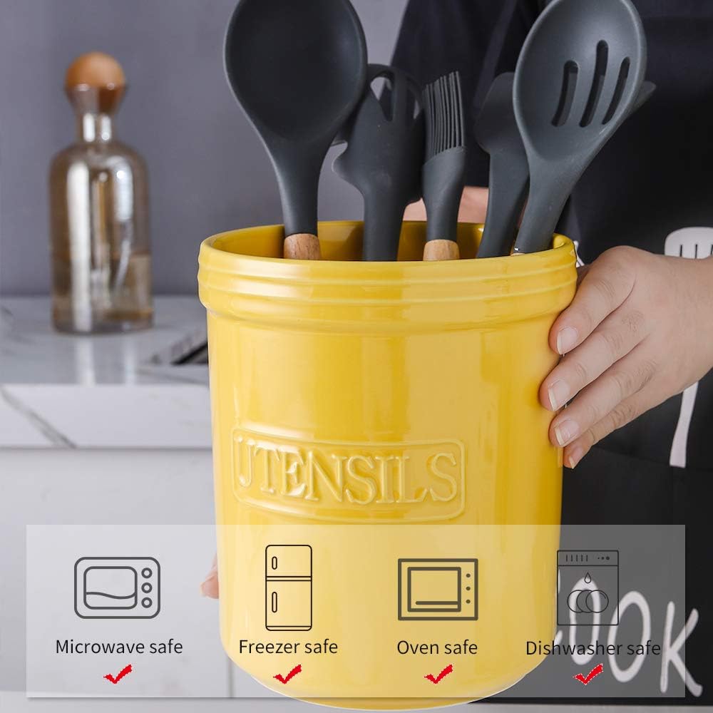 KOOV Cooking Utensil Holder, Large Ceramic Utensil Crock, Deep and Stable, Utensil Caddy for Countertop Letter Series (Yellow)